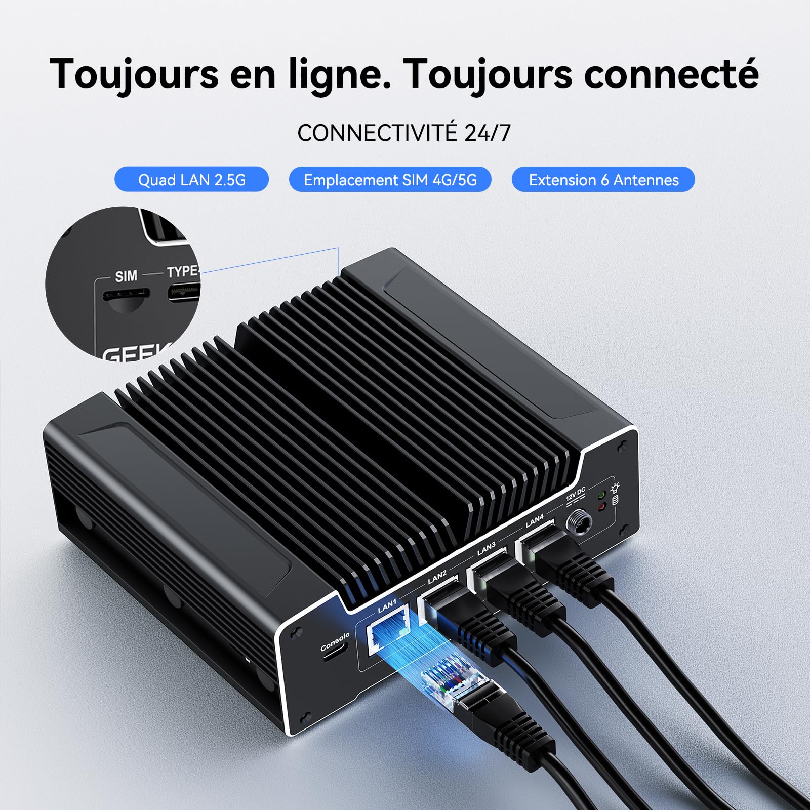 GEEKOM iX12 Mini PC Fanless Industriel avec Intel N95, 4X LAN 2.5G, TPM 2.0 | 8Go DDR5 256Go SSD, Slot SIM, USB-C, Triple Écran 4/8K, Mini Ordinateur pour Automatisation, Pare-feu, IoT