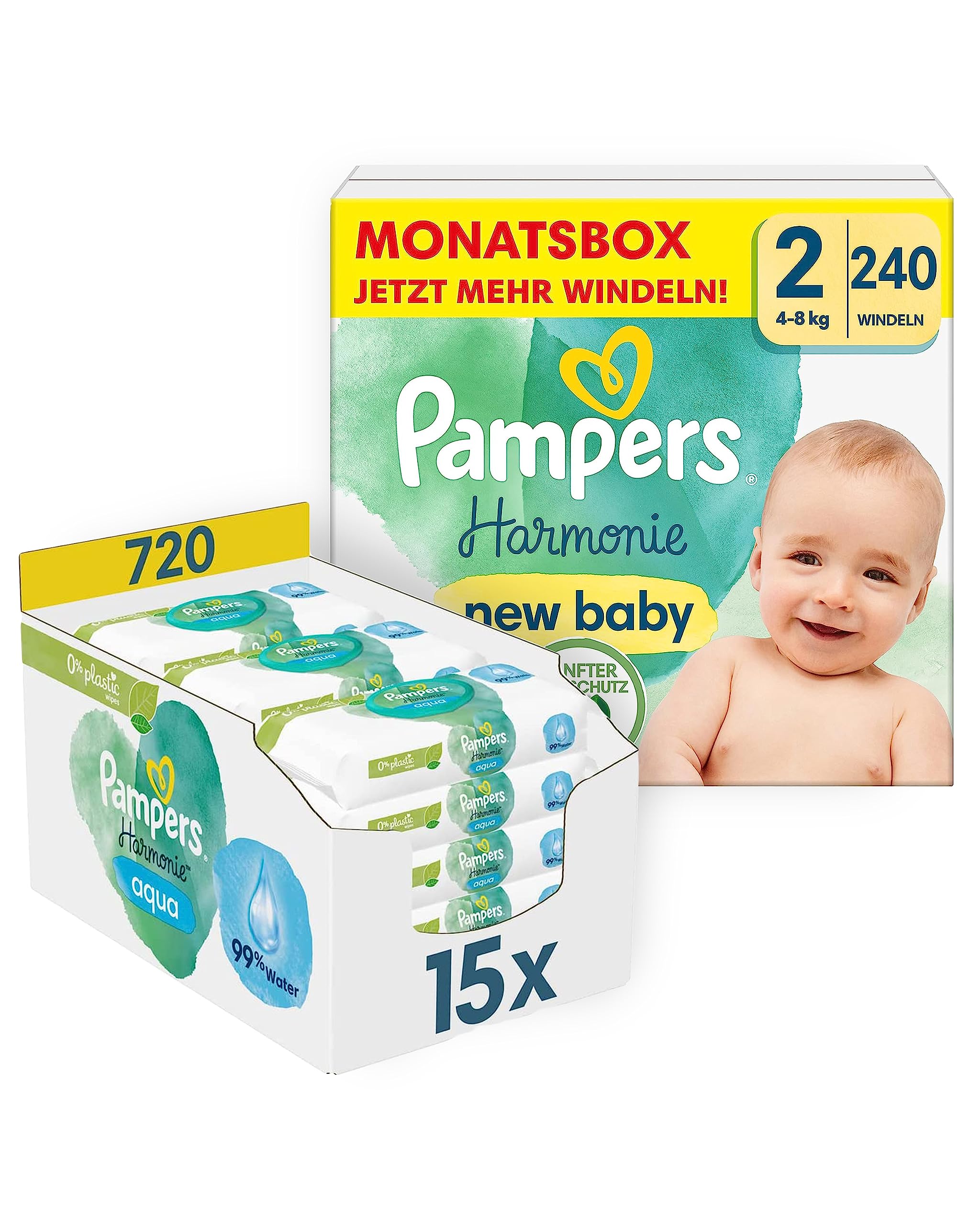 Pampers Harmonie Baby Set mit Windeln Größe 2 (4-8 kg, 240 Stück) MONATSBOX und Harmonie Aqua Baby Feuchttücher Box 720 Tücher (15 x 48), Baby Erstausstattung