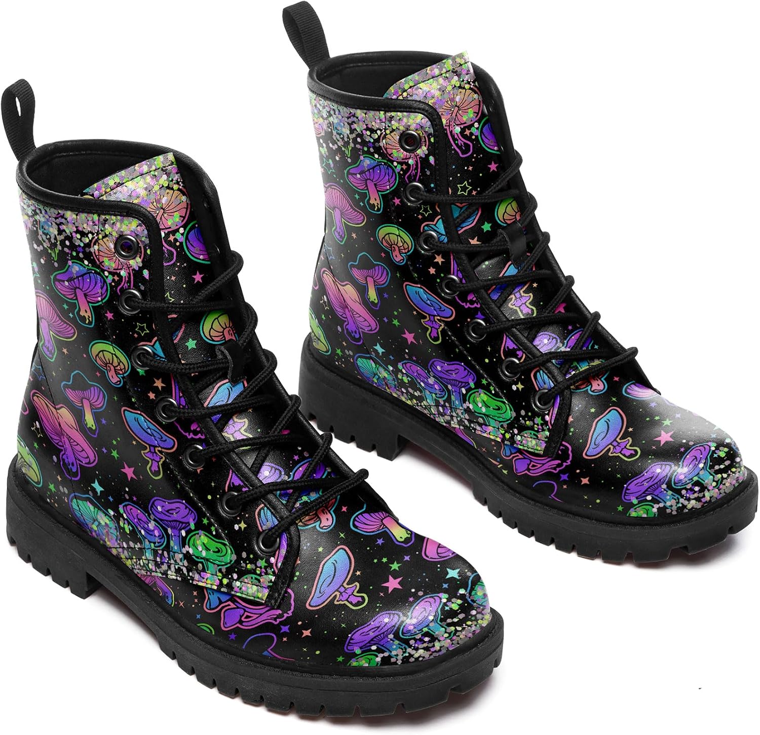 Artistic Mushroom Mid-Top Combat Boots Men's Women's Floral Lace-Up Ankle Shoes for Hiking,Street Wear,Casual Walking