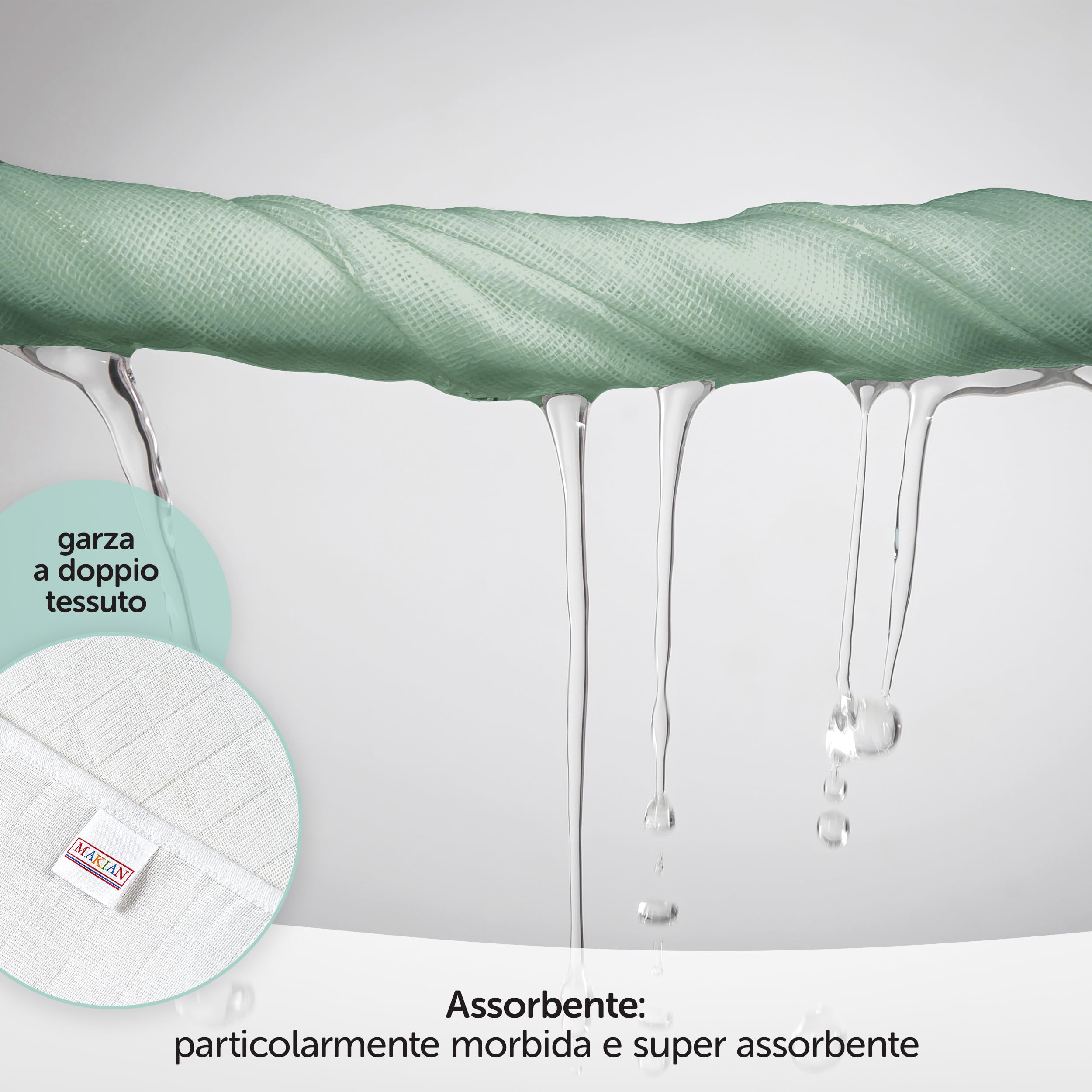 Mussole Neonato 70x70cm Cotone 100% OEKO-TEX Standard 100 Verde Bianco Menta Grigio Conf. 4