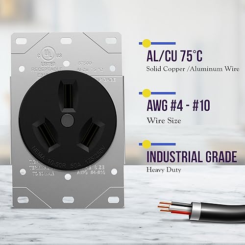 Miniatura 3 de ENERLITES Toma de corriente de 50 amperios, NEMA 10-50R, grado industrial residencial comercial, exteriorinterior, 3 polos, 3 cables, sin contacto a