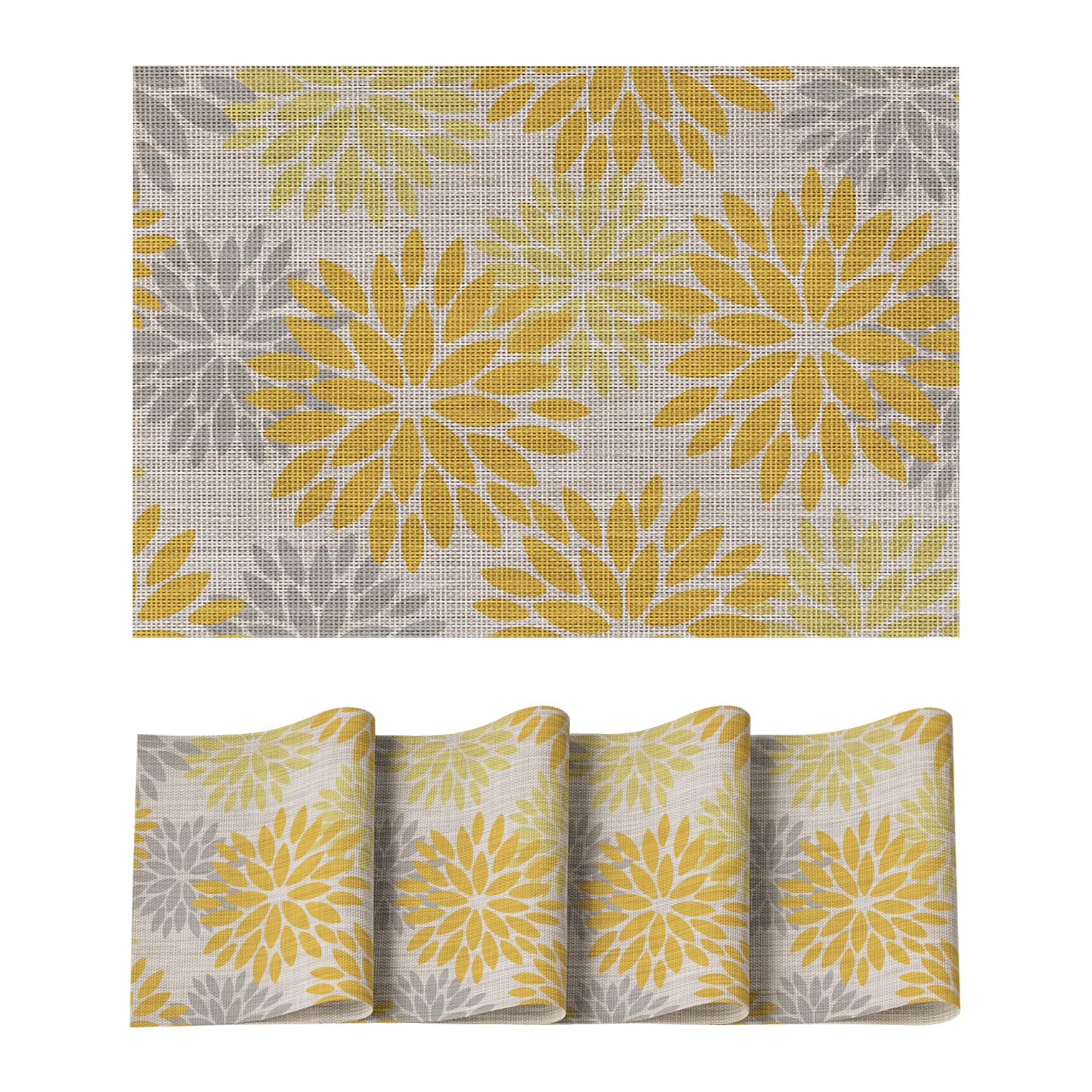 Artoid Mode Floral Plastic Placemats Set of 4, 12x18 Inch Washable Non-Slip Plastic Vinyl Place Mats for Party Kitchen Dining Decor, Yellow