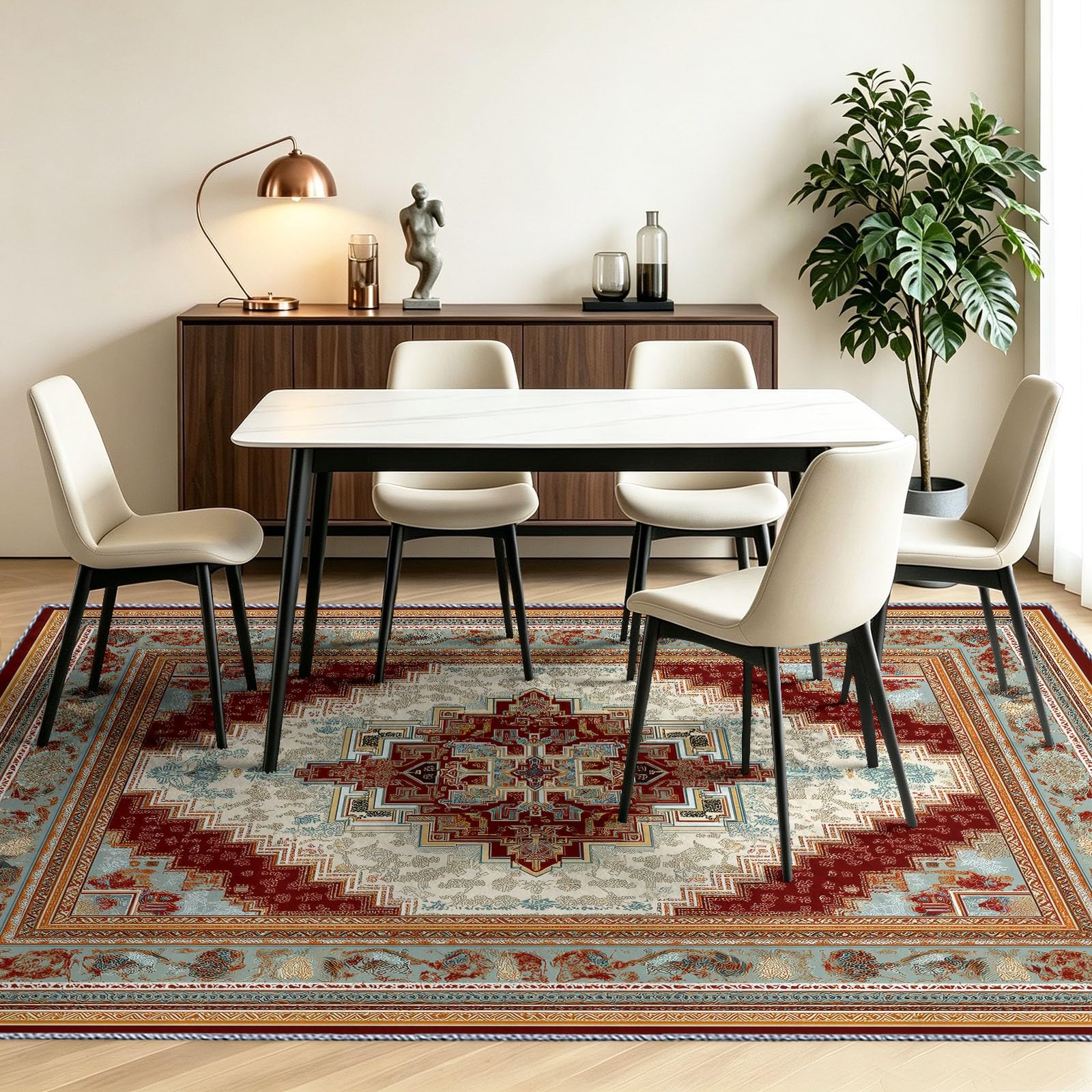 Dywan do salonu, sypialni, 160 x 230 cm chiński orientalny, można prać w pralce antypoślizgowy krótki włos - geometryczny wzór do jadalni, przedpokoju