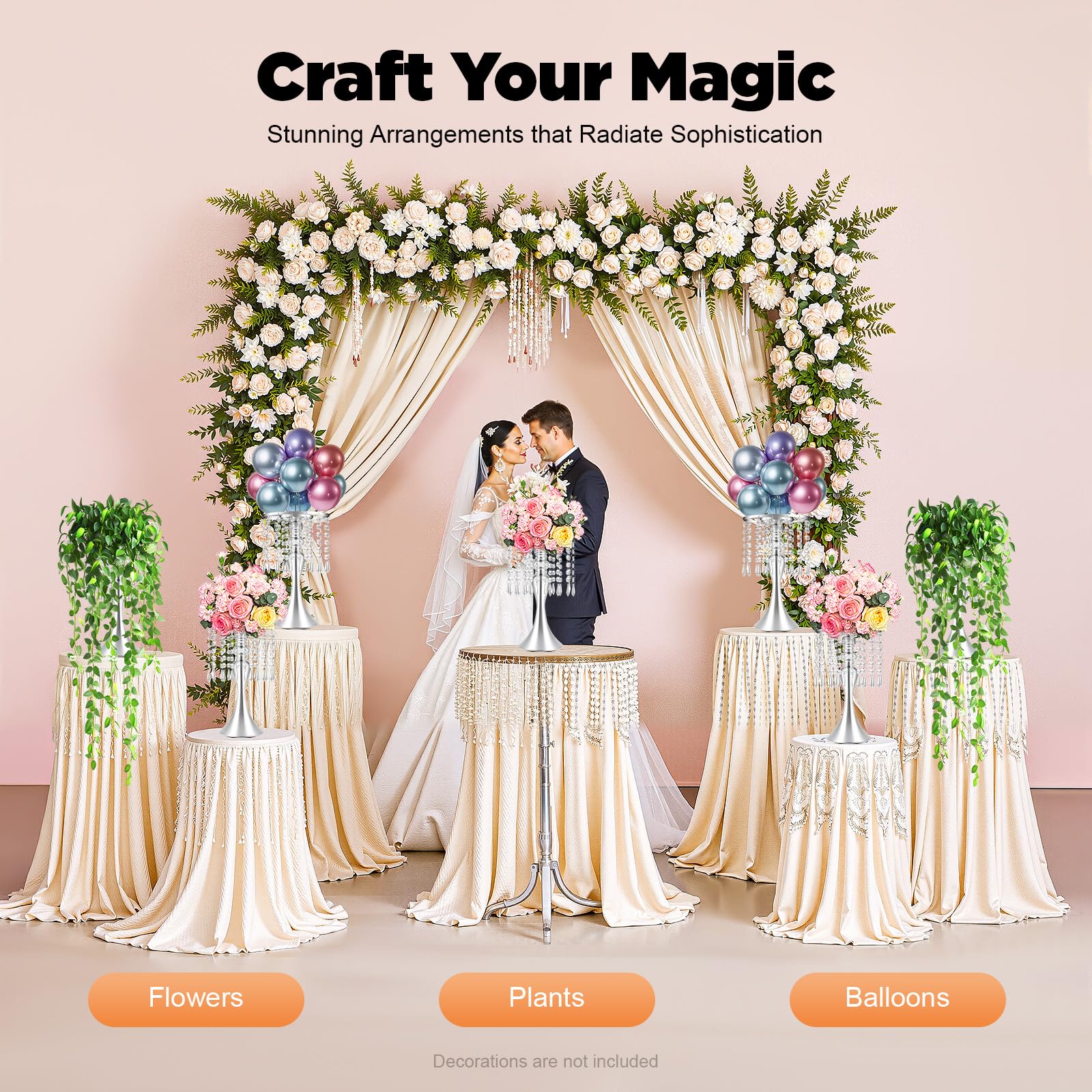 Set di 10 supporti per fiori da tavolo, altezza 35 cm, in cristallo, per cerimonie, ricevimenti e matrimoni, argento
