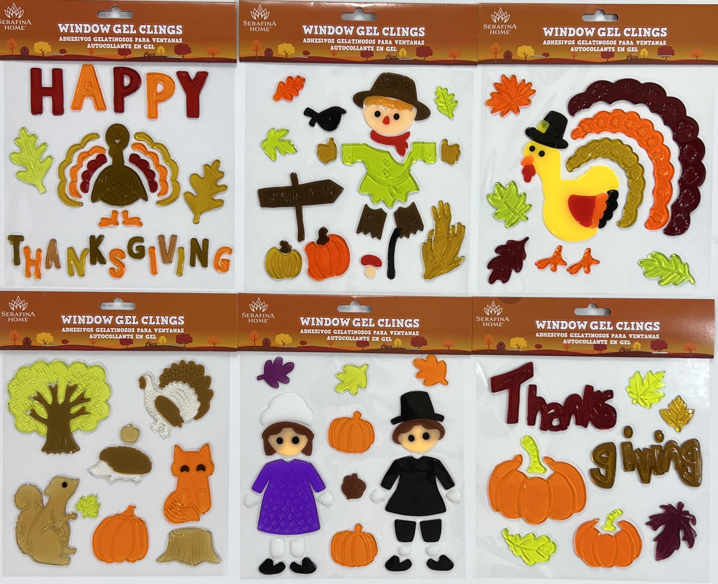 Serafina Home Fall Window Gel Clings: Thanksgiving Harvest Turkey Leaves Pilgrim Decorations for Office Business (Assortment 3)