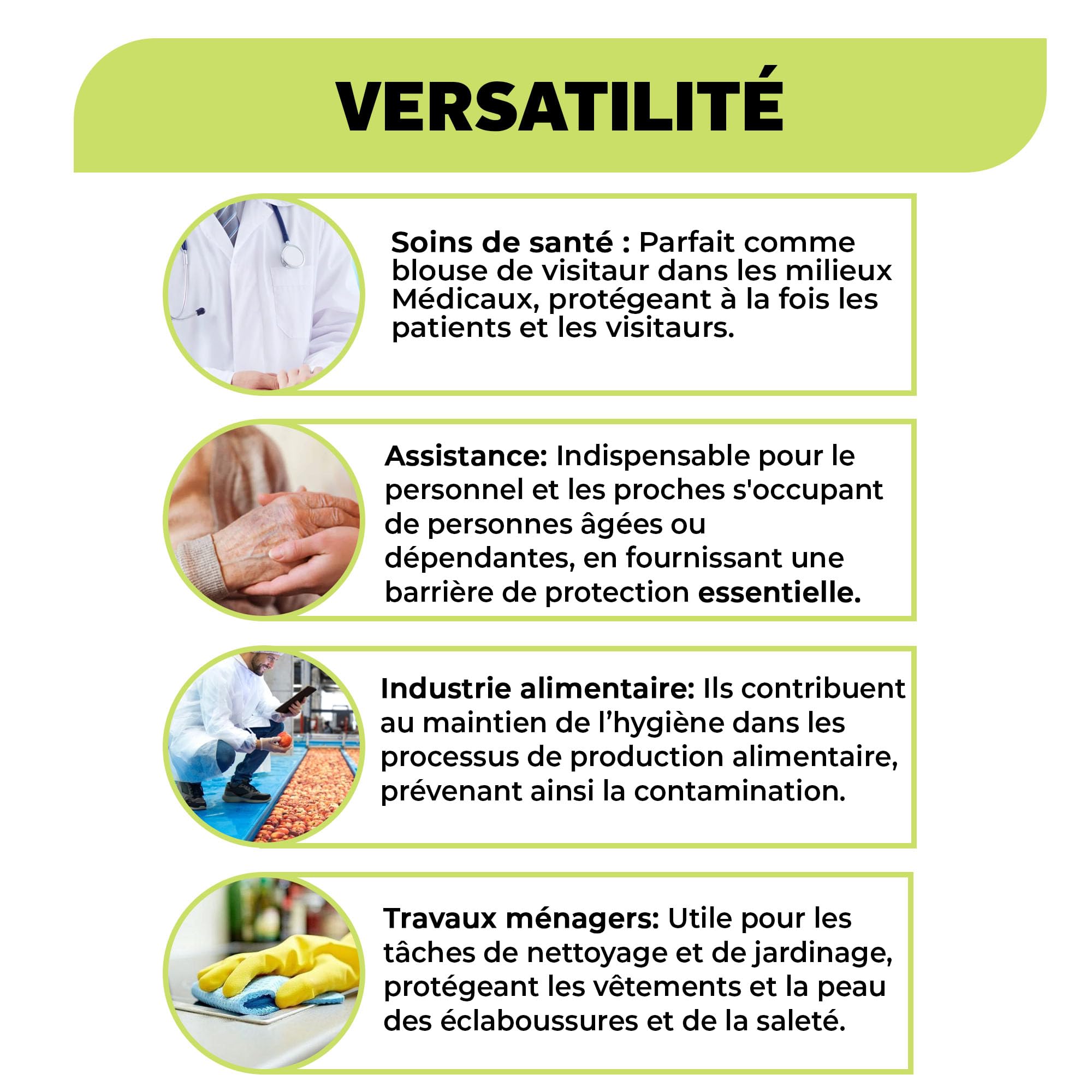 XARA Blouses Jetables Medical TNT avec Fermeture par Contact de 35 g - Lot 10 - Surblouse Jetable Respirant et Résistant - Protection et Hygiène - Taille Unique L - 105x127CM - Couleur Blanc