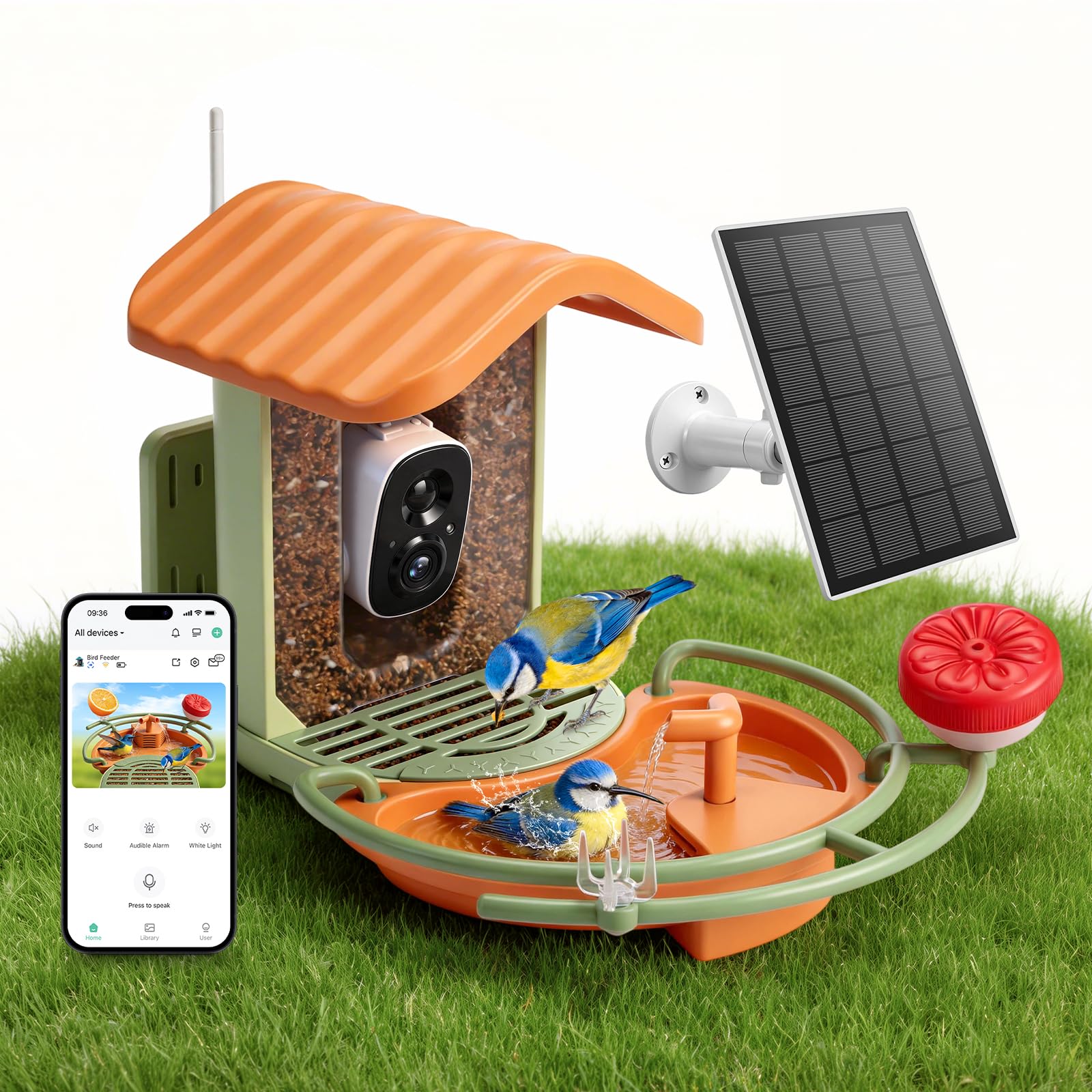 2-in-1 Smart Bird Feeder with 2K Camera and Bird Bath, AI Recognition Auto Capture Video, Instant Notifications, Solar Panel Wireless Connection for Outdoor Garden, for Bird Lovers