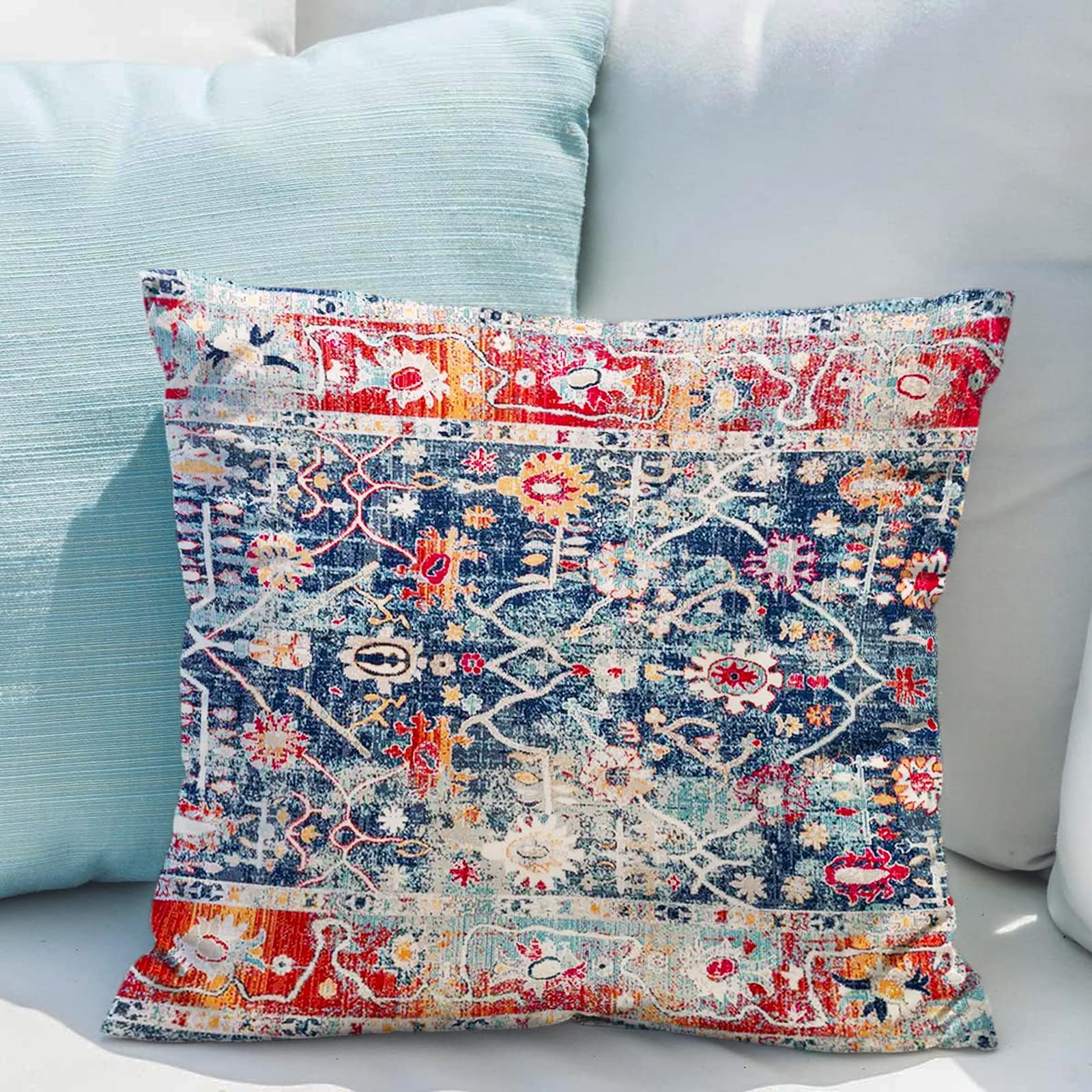 Snylcce Boho Pillow Covers 55x55 CM Set of 2 Bohemian Carpet Throw Pillows For Couch Navy Blue Red Geometric Floral Decorative Pillow Cases Farmhouse Home Decor For Sofa Porch Patio Bed Room Outdoor - Image 4