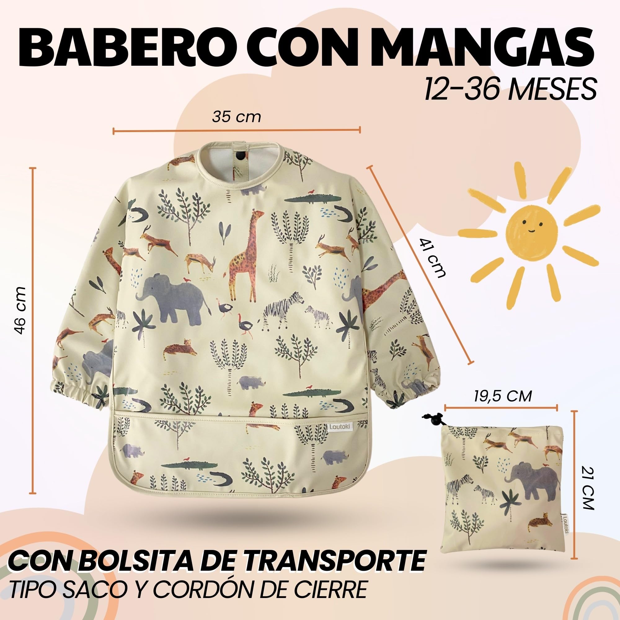 Baberos Bebé Impermeables con Mangas + Bolsita de Transporte | Babero BLW para Bebé 12–36 Meses | Doble Capa 100% Impermeable | Puños Elásticos y Bolsillo Canguro | Fácil de Limpiar
