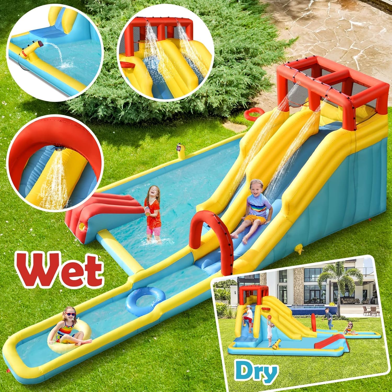 HONEY JOY Inflatable Water Slide, Double Slide Giant Water Park Bounce House w/Climbing, Splash Pool, Blow Up Water Slides Inflatables for Kids and Adults Outdoor Backyard(with 735W Blower)