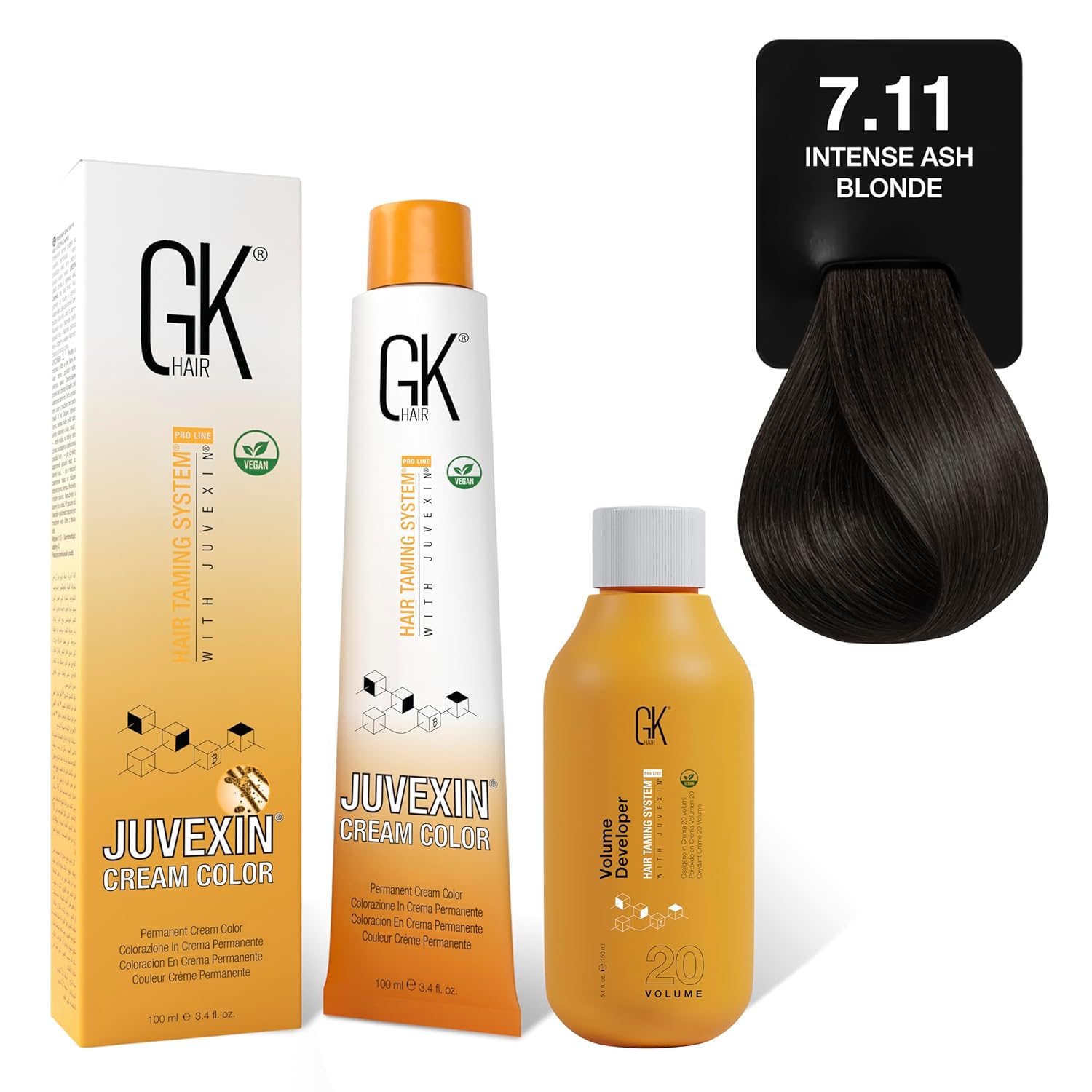 GK HAIR Global Keratin Intense Ash 7.11 Ash Blonde Hair Color Cream Tube (3.4 Fl Oz/100ml) + 20 Volume Developer (5 Fl Oz/150ml) - Professional Permanent Long Lasting Toner Dye