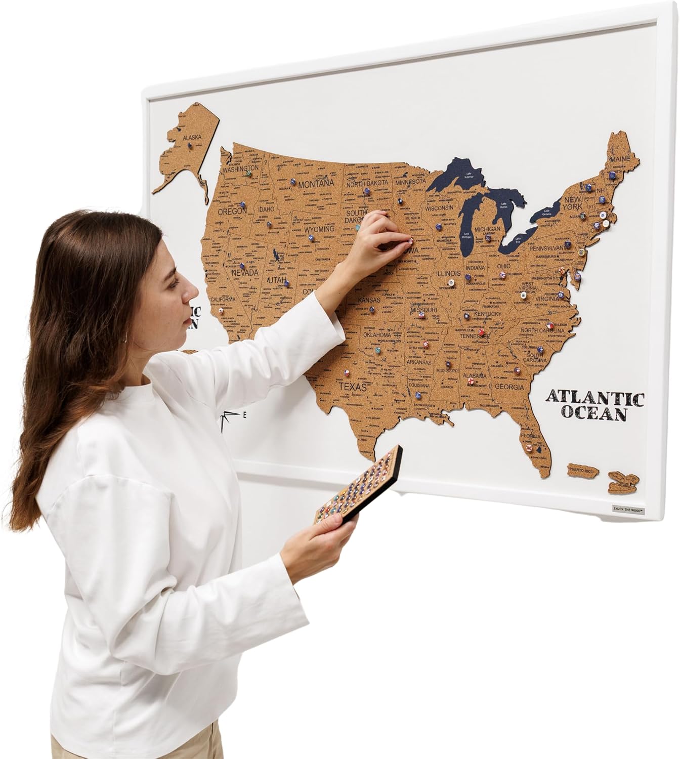 Cork Map of United States - USA Map on Cork Board, US Map for Travel Tracking - Wall Art Wood Prints Painting Decor Living Room Home Canvas Poster