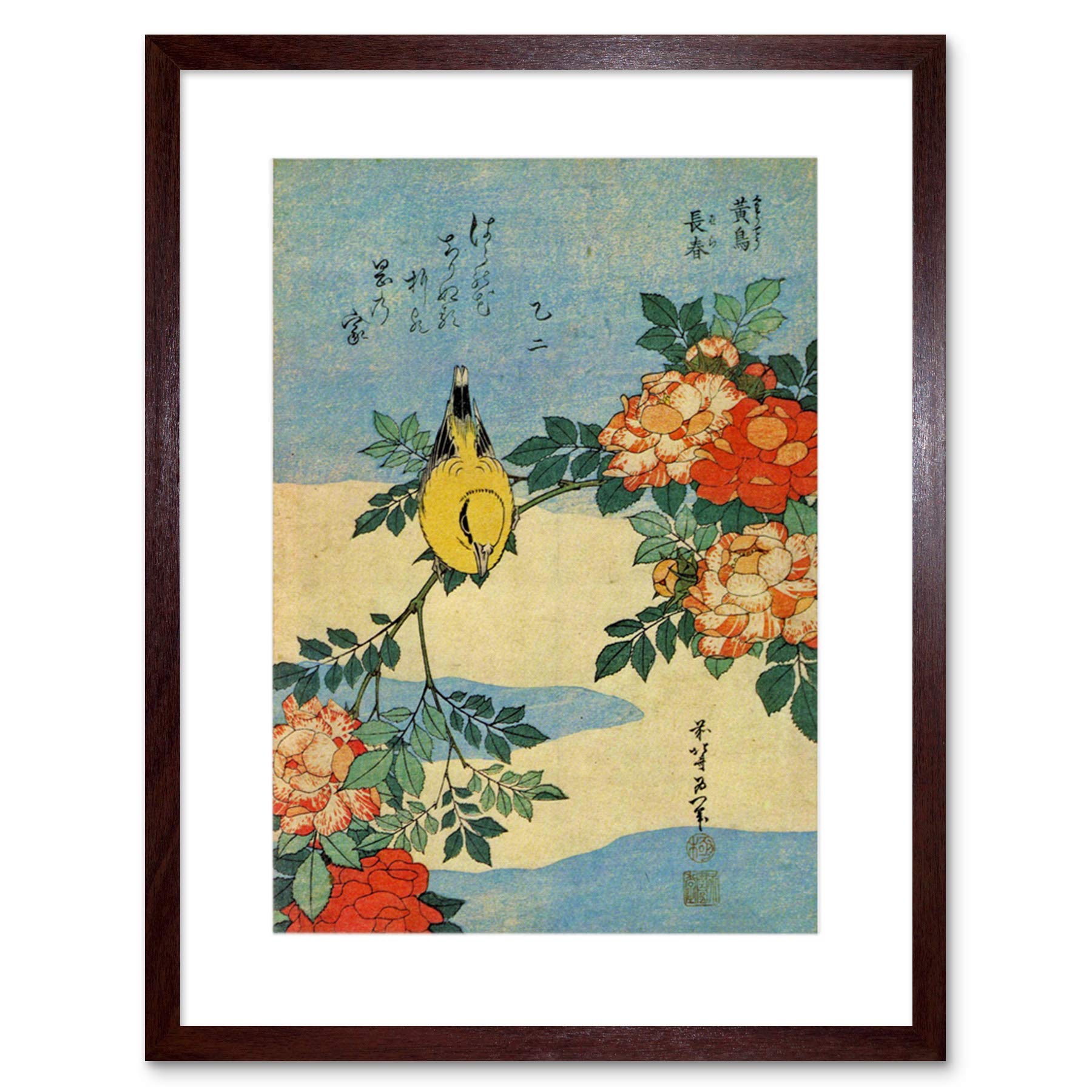 Wee Blue Coo Painting Animals Bird Yellow Finch Flowers Japanese Japan Framed Wall Art Print
