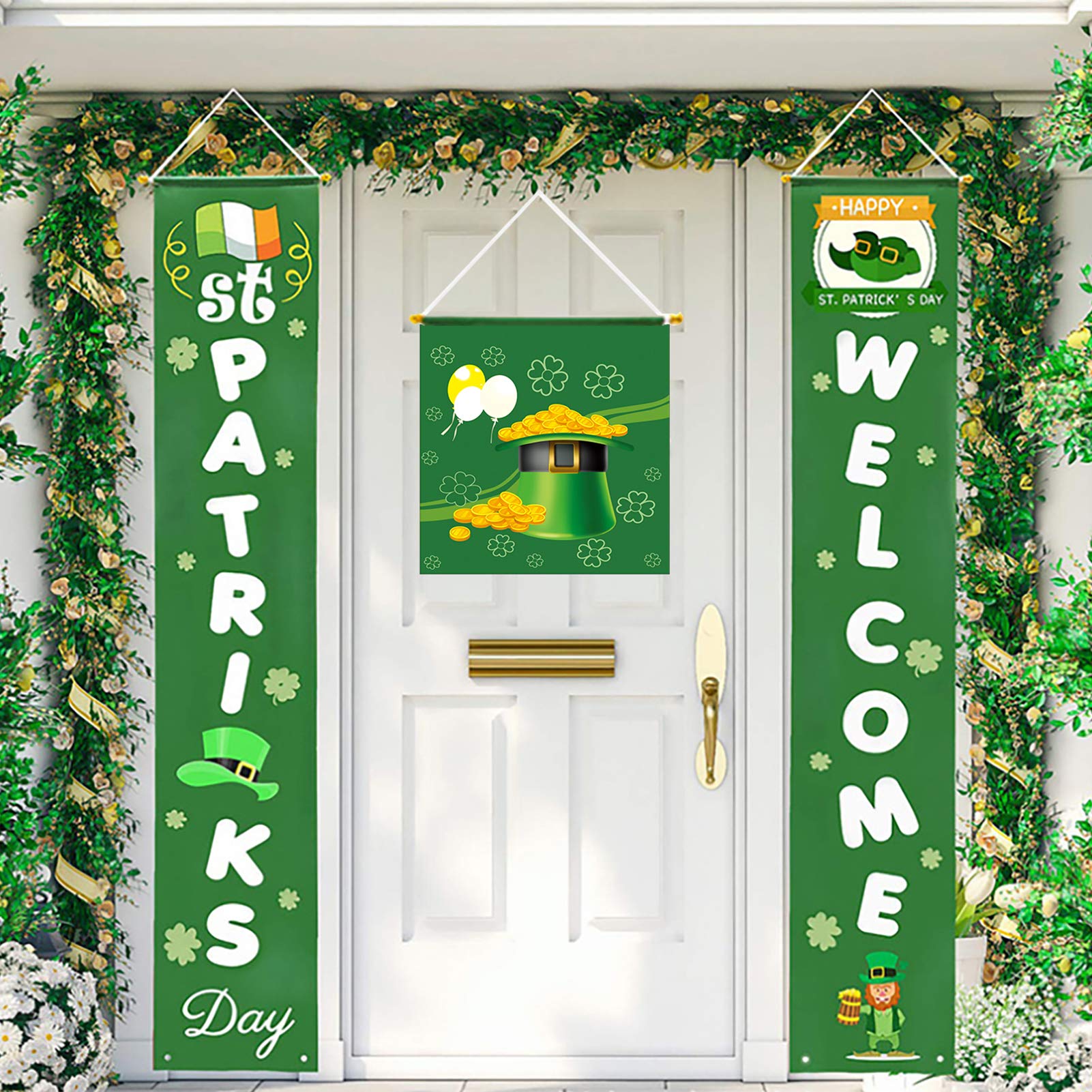 WENWELL 3 in 1 St Patricks Day Decorations for Front Door, Irish Shamrock Leprechaun Home Porch Décor Banner,Welcome Party Outdoor Garden Sign for Office Classroom