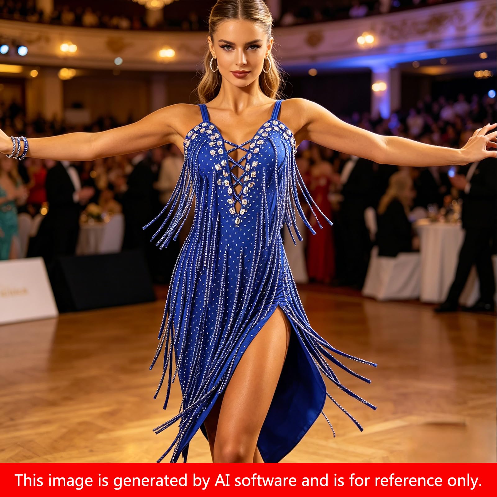 LIUHUO Latein-Tanzkleid, Ballsaal, Wettkampfkleid, Damen, Blau | Tango Ballsaal Tanzkostüm Fransen Flapper ärmellos glänzend Diamant rückenfrei