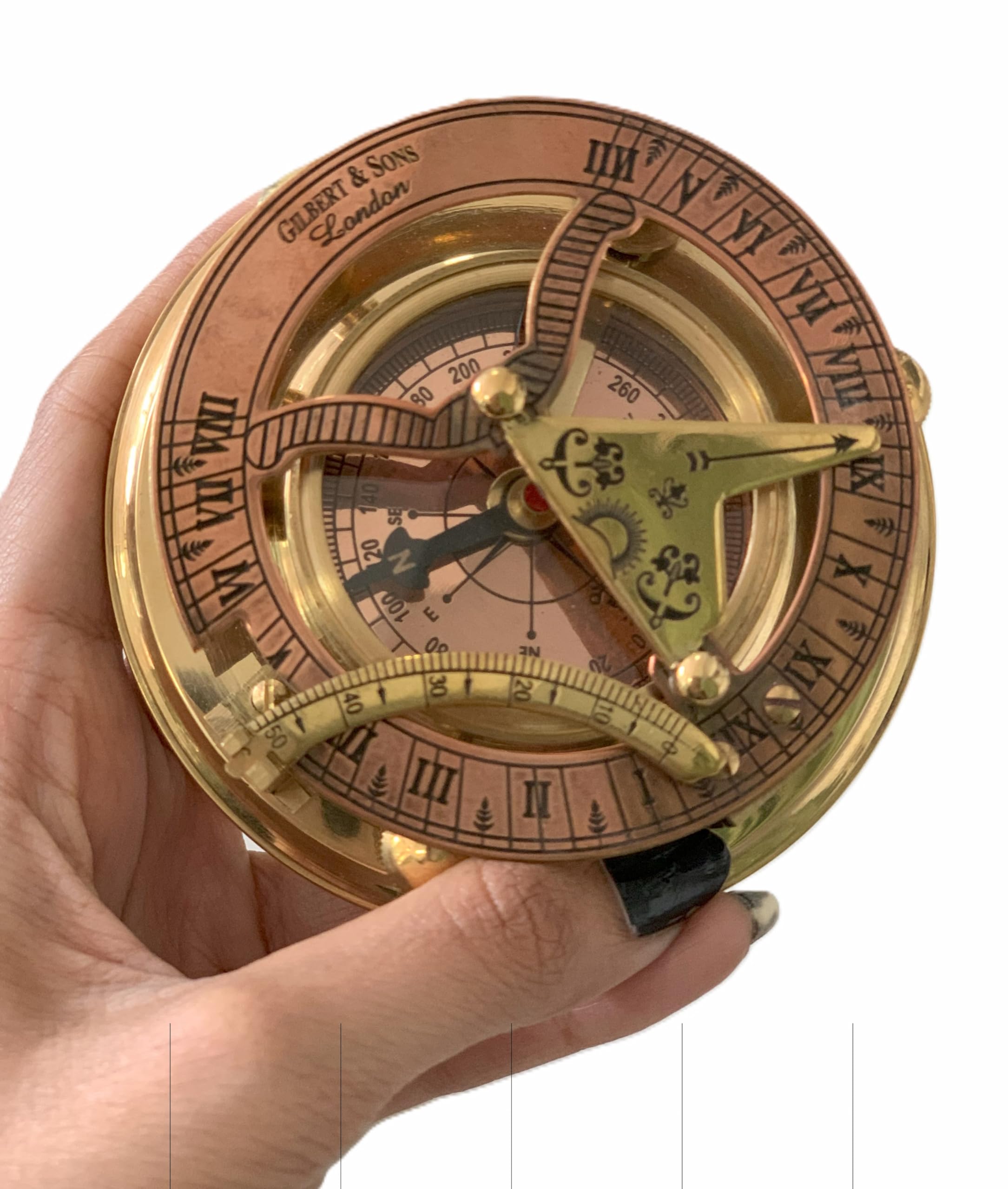 IOTC ARMOURY Nautical Bras & Copper Sundial Compass with Brown Leather Case, GOLD