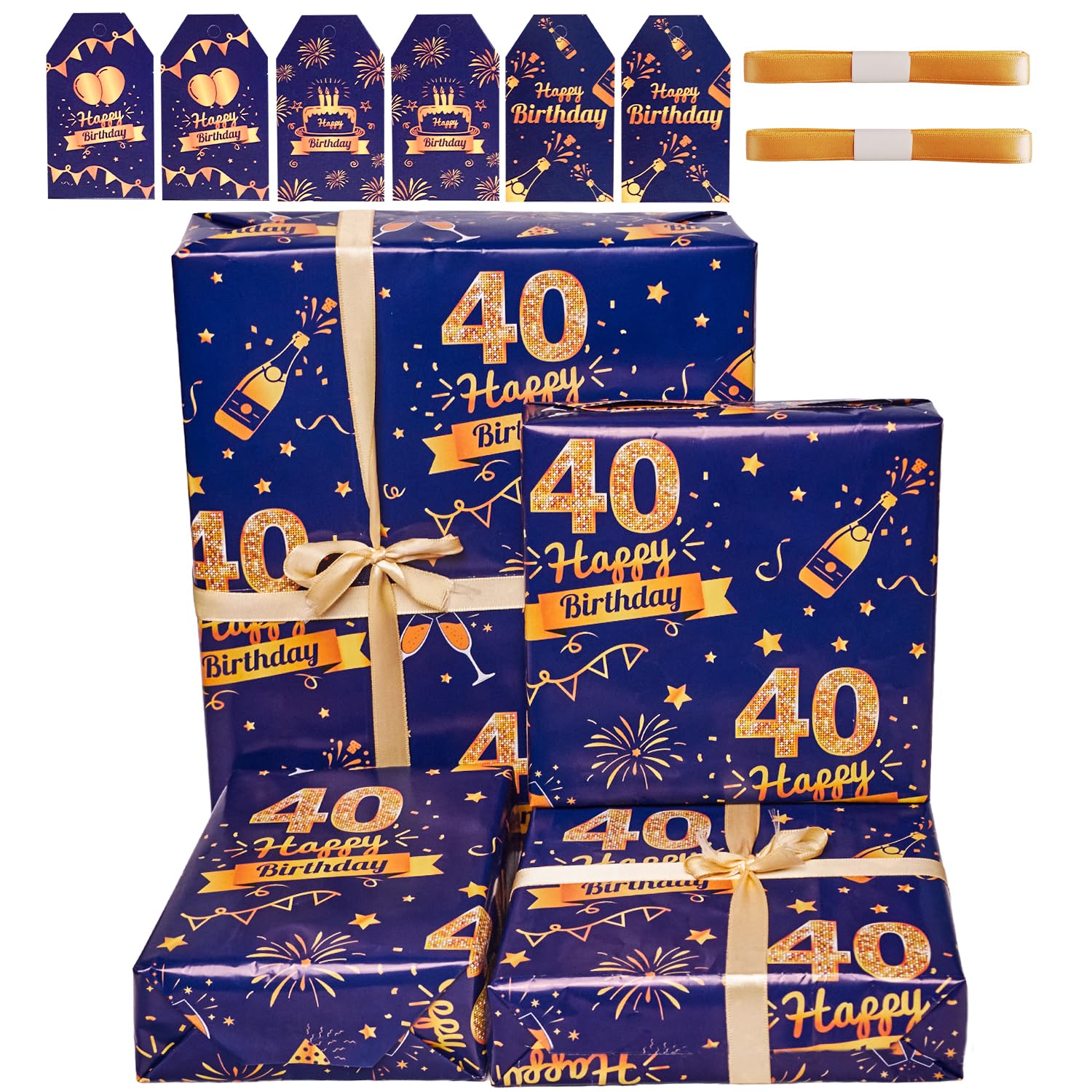 40th Birthday Wrapping Paper Set with Tags Ribbons,6 Sheets 70x50cm Happy Birthday Wrapping Paper,Blue Gold Gift Wrap Paper for Men Him,Gift Decorations Recyclable (40th)