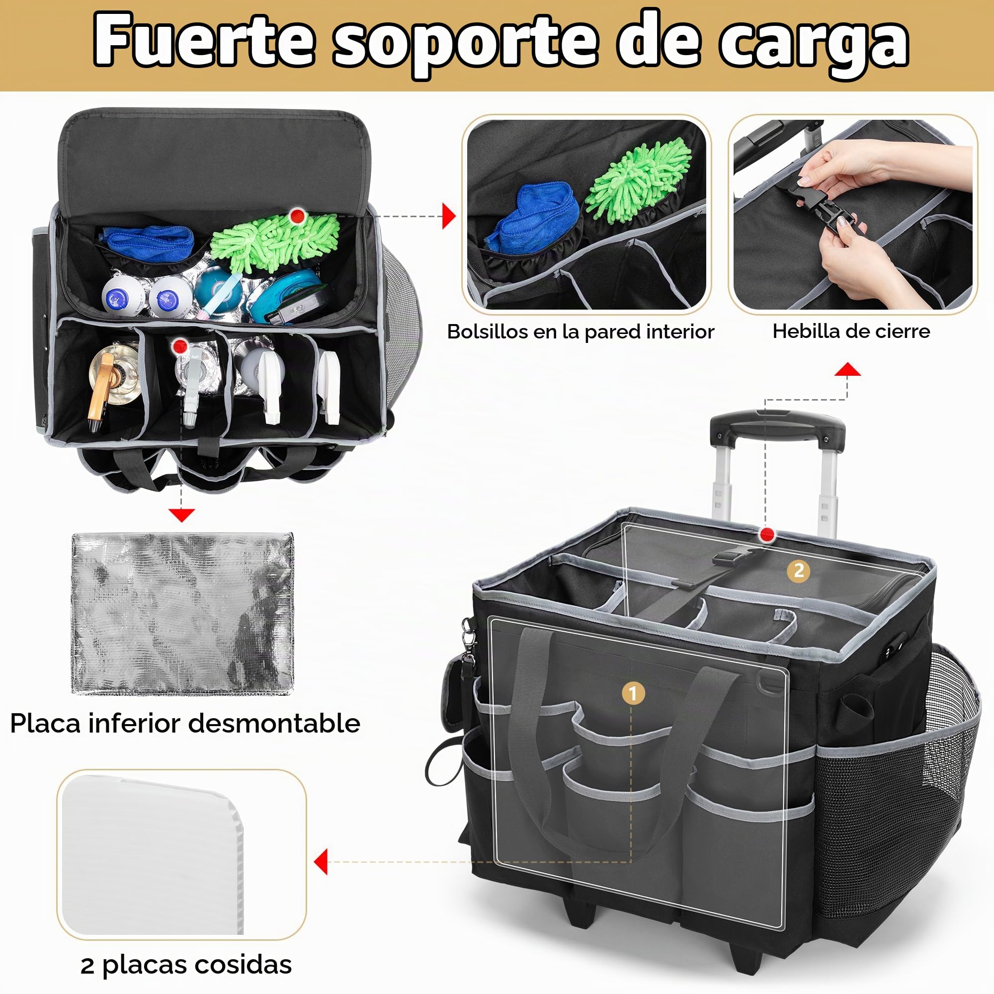 HODRANT Cesta Grande para Artículos de Limpieza (Solo la Bolsa) | Bolsa de Limpieza con Ruedas, Carrito Desmontable y Correa para El Hombro, Para Servicios de Limpieza y Lavado de Autos.