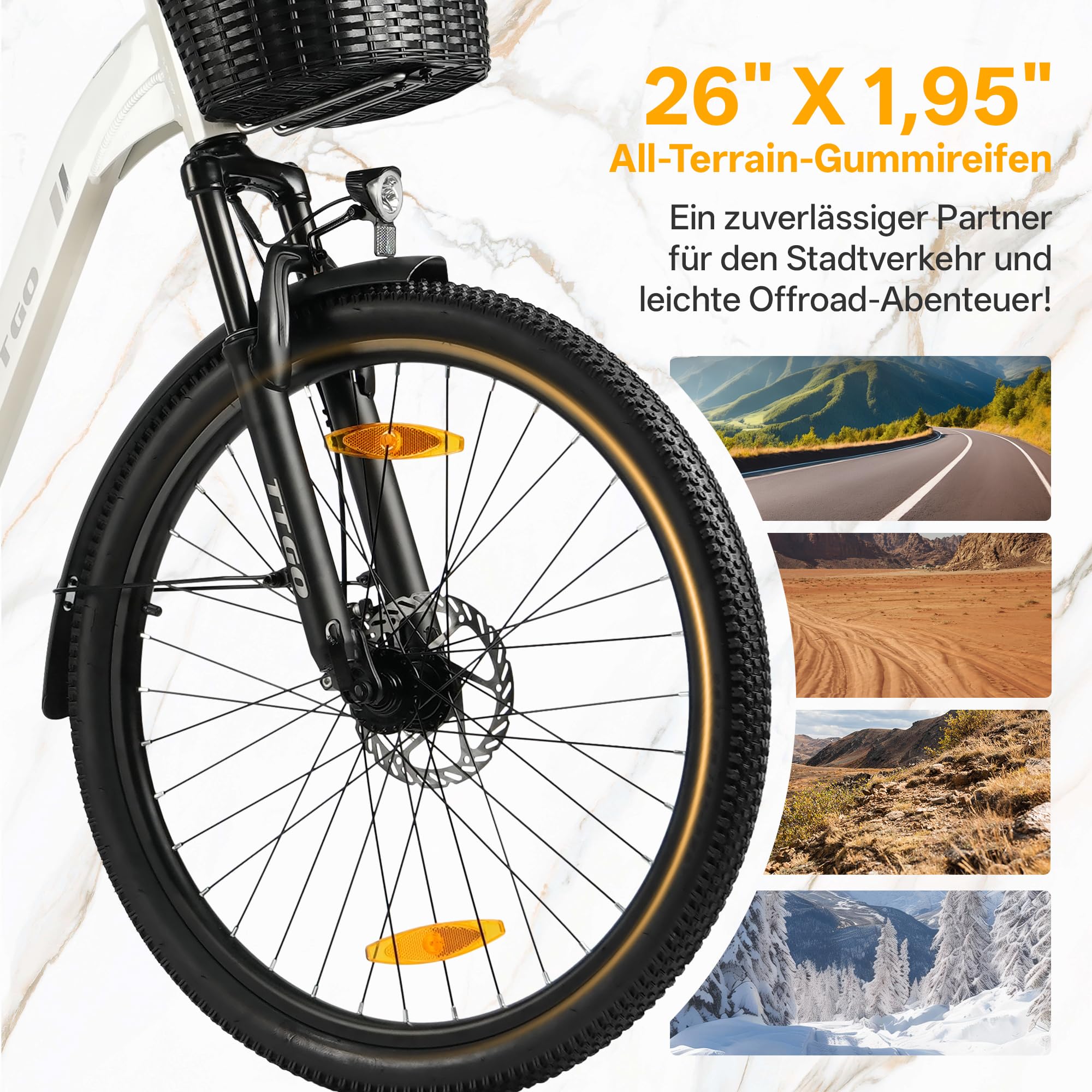 ttgo C2 PRO Vélo électrique 26", vélo de ville, trekking, pedelec avec panier, moteur 250 W 52 Nm, batterie 36 V 18 Ah, portée de 80 à 120 km, dérailleur à 7 vitesses, vélo électrique pour homme et