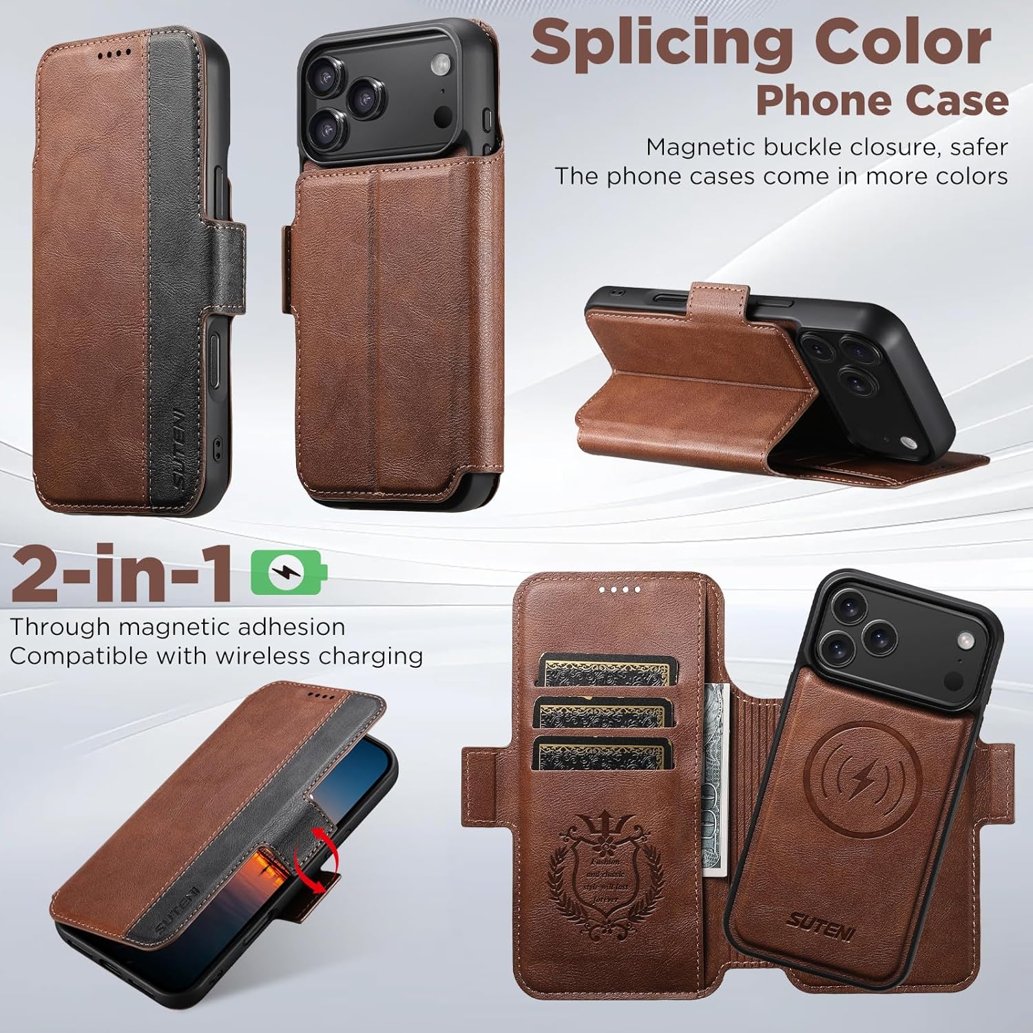 Detachable Wallet Case for iPhone 17 Pro Max,Magnetic Leather cover 2in1 Flip Design Compatible with MagSafe Wireless Charging, 3 Card Slots & Kickstand, 360° Military Shockproof, Spliced Brown