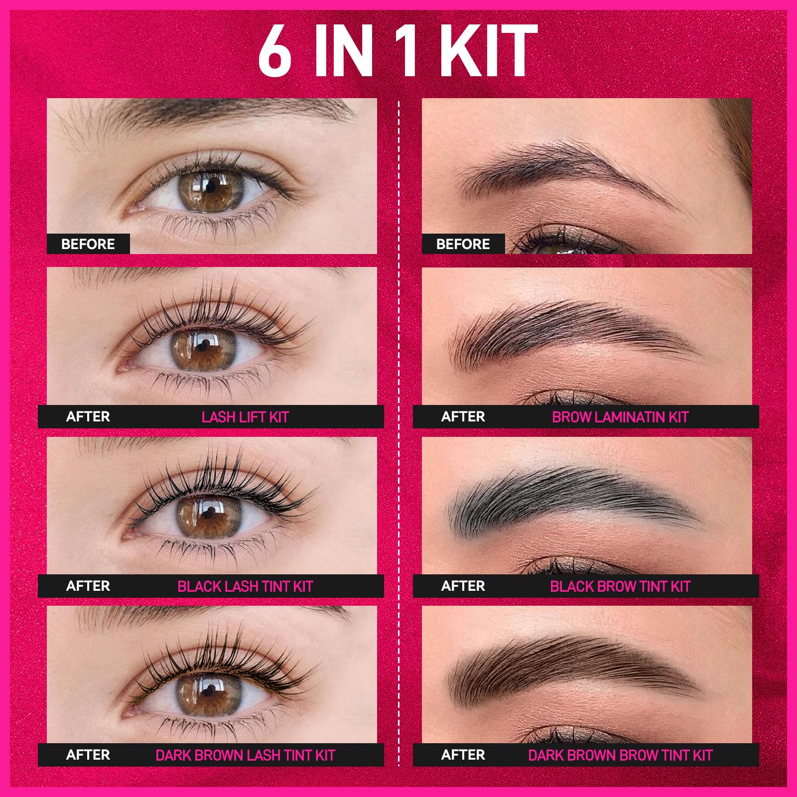 6 IN 1 Lash Lift & Brow Lamination Kit, Brow & Lash Lift Kit with Double Black Brown Color, Curling Perming & Voluminous Lashes Brows with Complete Tools, Salon & Home Use, Gifts for Her
