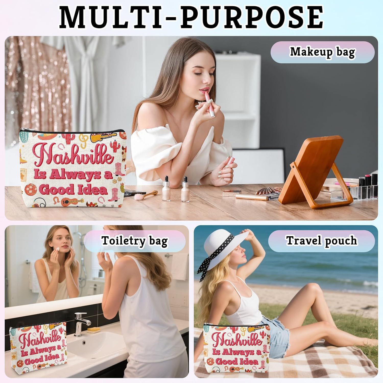 Cowgirl Gifts Nashville Trip Makeup Bag Western Cowgirl Gifts Vacation Present for Friends Coworker Nashville Lover Gift Cosmetic Bag Christmas Birthday Weekend Trip Present Zipper Travel Pouch - Image 6