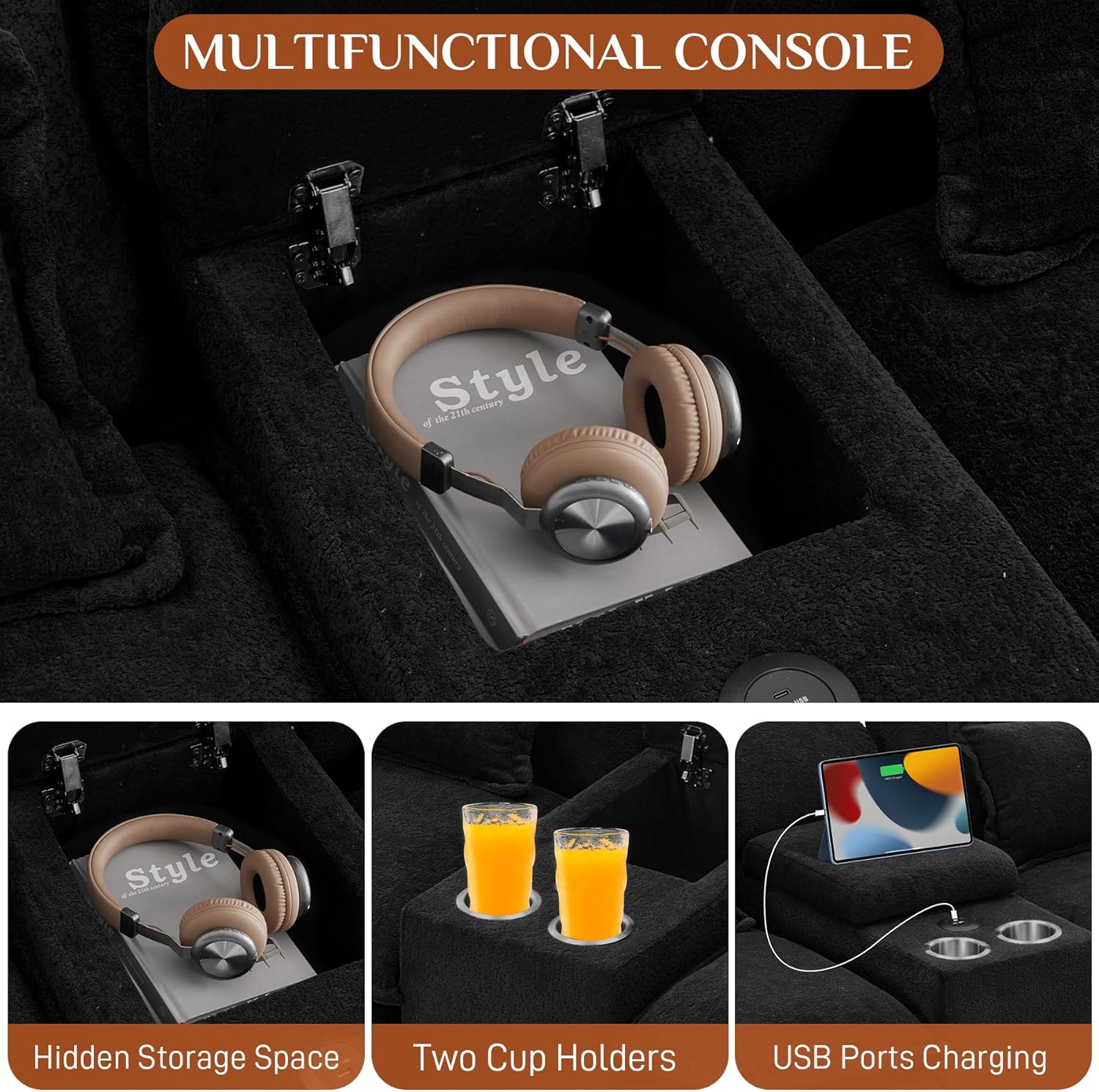 U Shape Black Cloud Sectional Couch Sofa,124" Comfy Modular Sectional Couches, Chenille Plush Cloud Sofa for Living Room with Console,USB Port, Cup Holder Double Chaise, Black