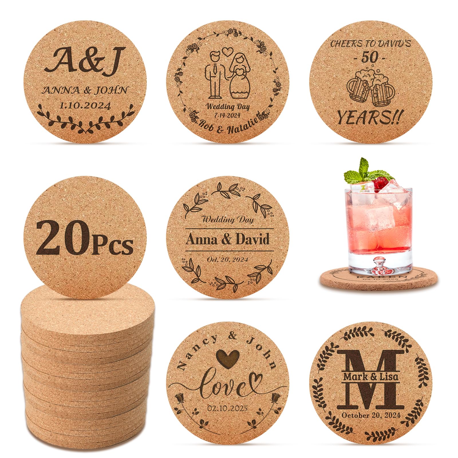 Bexoa 20Pcs Personalised Coaster Customise Cork Coasters, Personalised Drink Coasters Bulk Wedding Favors For Anniversaries, Family Reunions, Christmas Party Gifts (20Pcs)