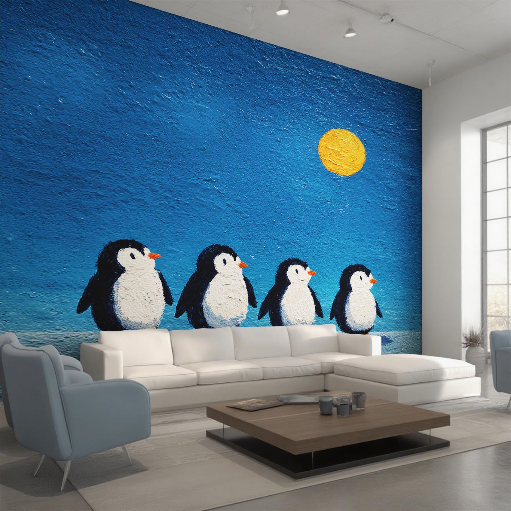 Papier peint panoramique pingouin mignon | Solution décoration murale salon facile à poser