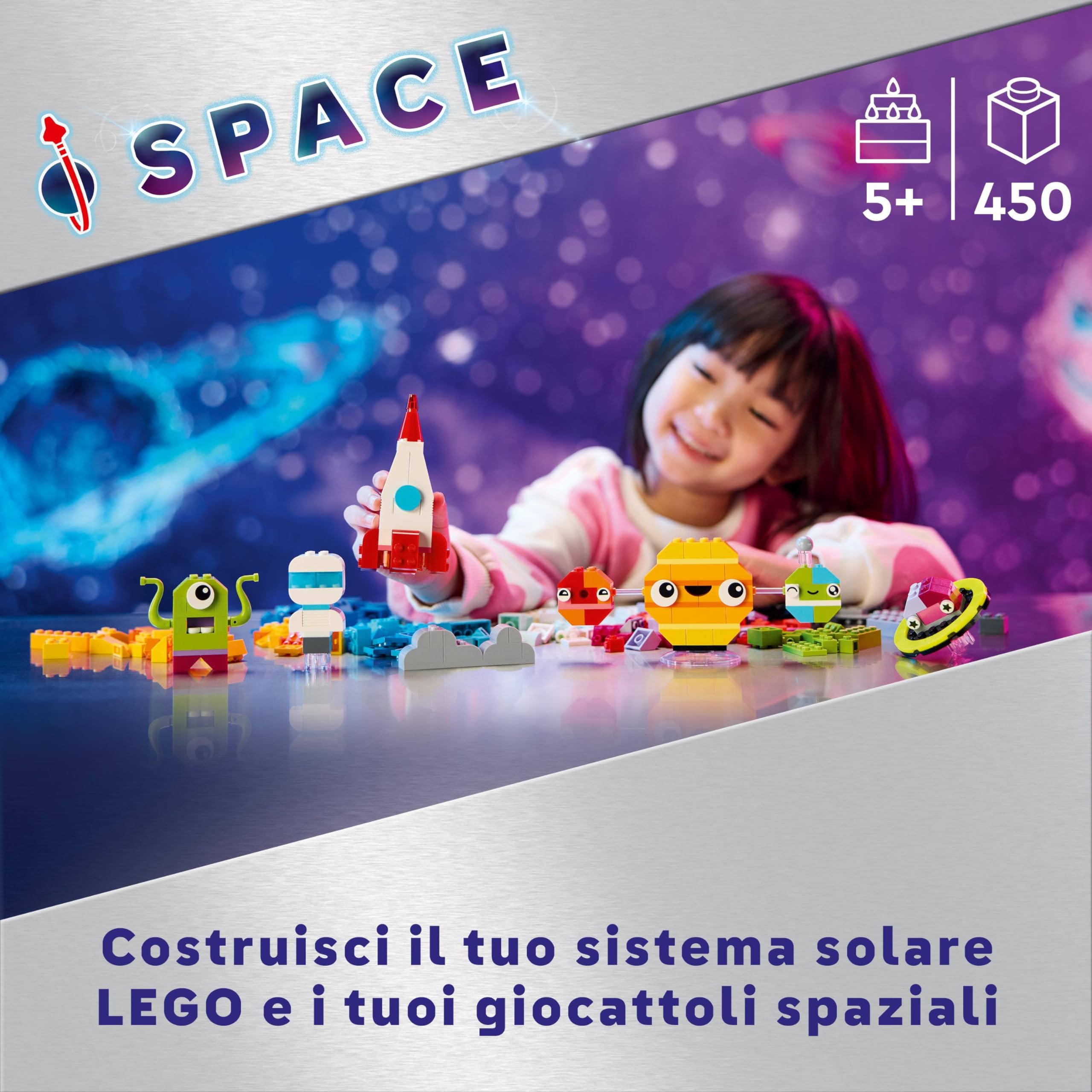 LEGO Classic Pianeti dello Spazio Creativi, Modellino da Costruire di Sistema Solare per Bambini e Bambine da 5 Anni in su con Razzo Spaziale Giocattolo, Playser per Piccoli Astronauti 11037