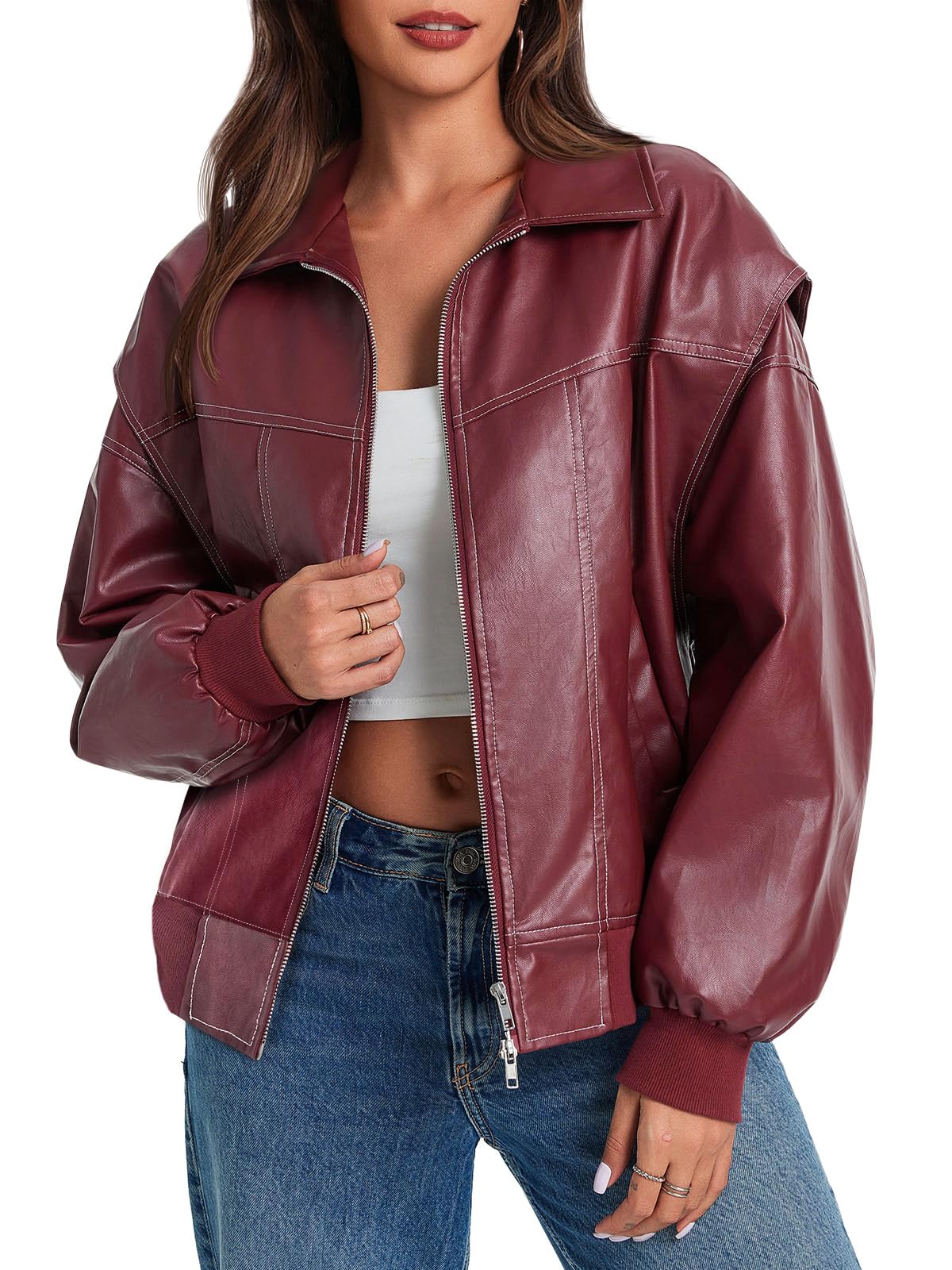 tankaneo Womens Oversized Leather Bomber Jackets Cap Sleeve Zip Up Motorcycle Coats with Pockets-picture-39