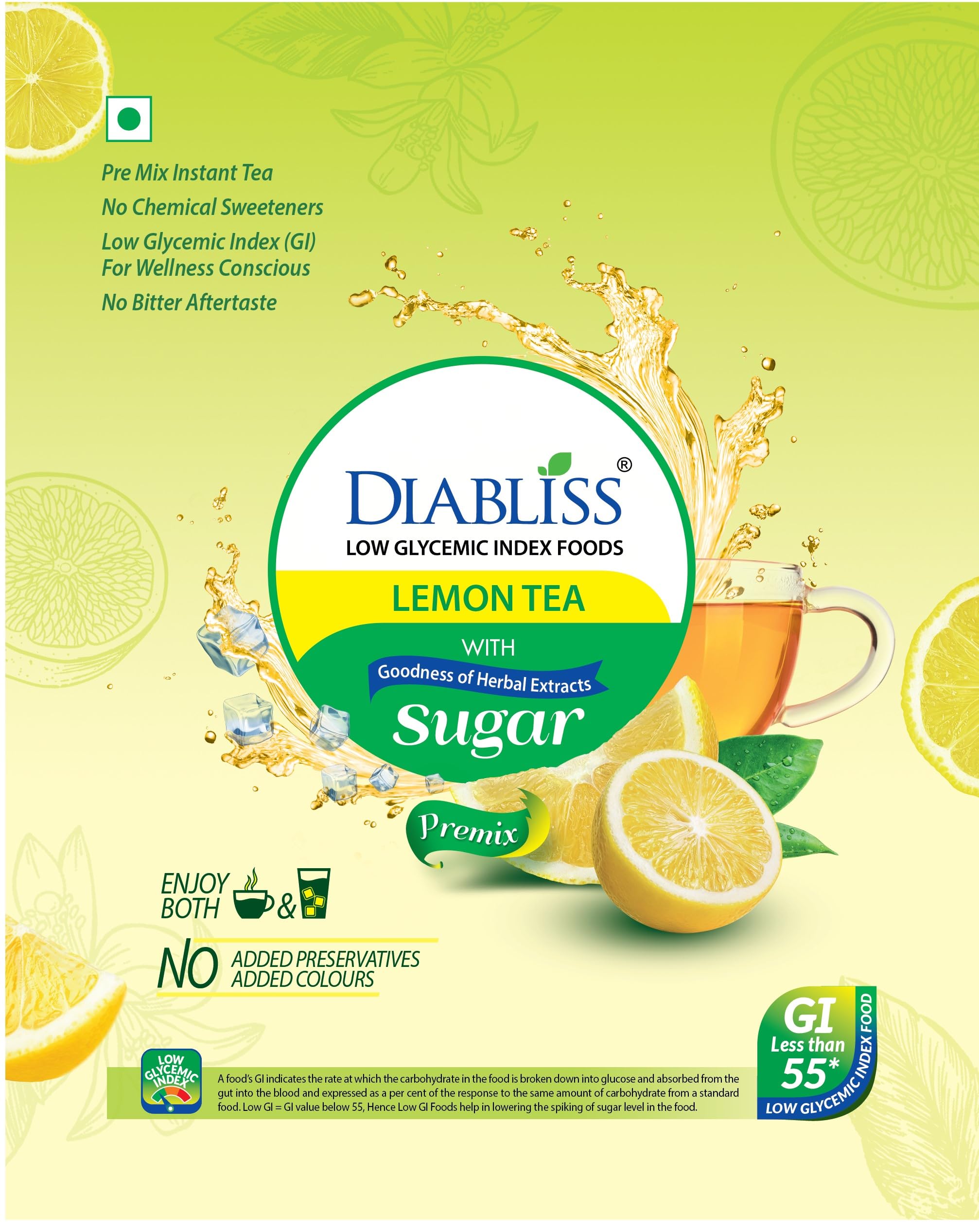 Diabliss Herbal Wellness Lemon Tea – Low GI Instant Tea with 17 Herbs & Spices | Natural Lemon Flavour | Glucose-Friendly Drink for Daily Wellness | Trusted by Consumers in 3 Continents | 500g Pouch