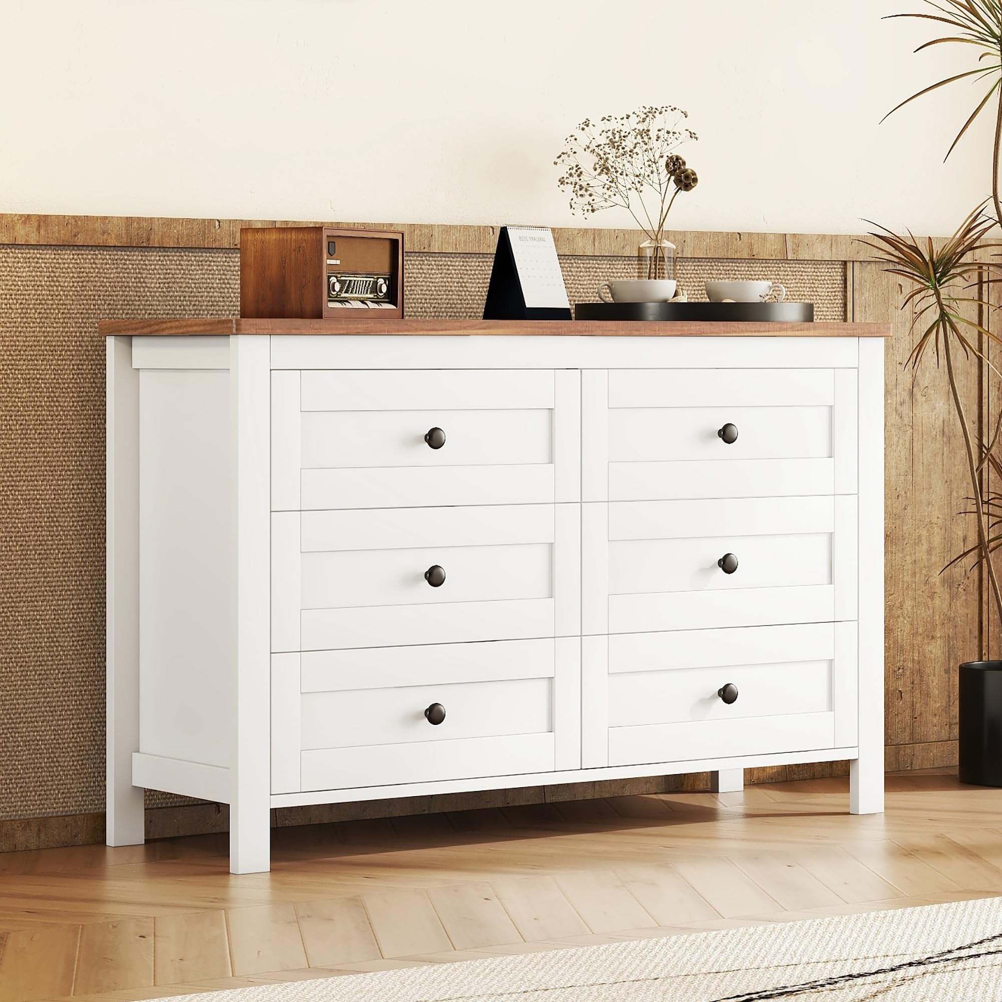 Knocbel Retro Wooden Dresser with 6 Drawer, Farmhouse Style Wood Storage Cabinet Drawers Chest for Bedroom 52.6" W x 15.7" D x 31.5" H White & Brown Tabletop