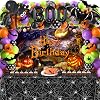 Halloween Birthday Decorations Party Supplies Halloween Themed Party Favors 105 Pcs Including Spider Web, Backdrop, Tablecloth, Cake Toppers, Spider Bat Wall Stickers, Balloons Arch and kit