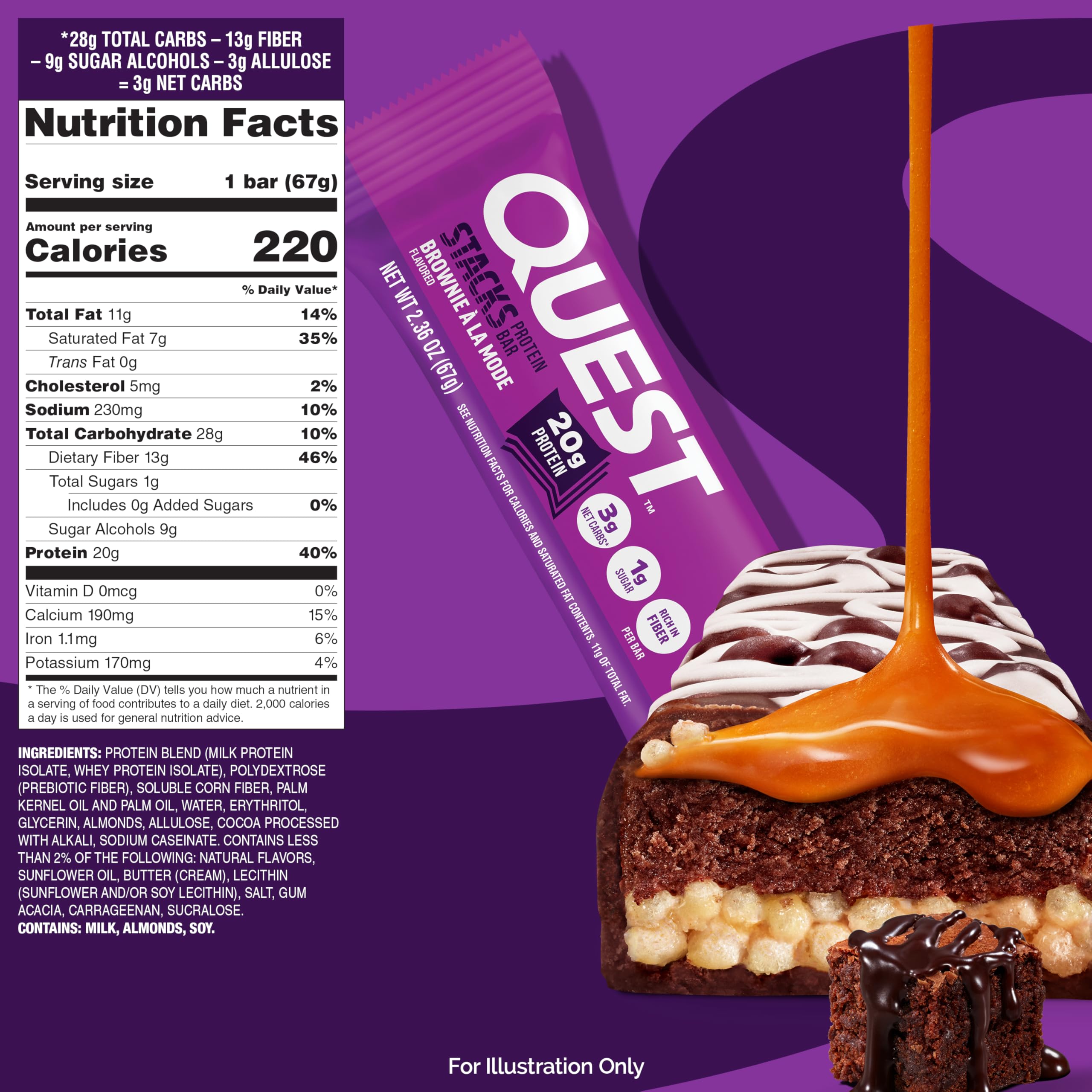 Quest Nutrition Stacks Protein Bars, Brownie a la Mode Flavor, 20g Protein, 3g Net Carbs, 1g Sugar, High Fiber, Low Sugar, Gluten Free, 12 Count — Amazon image 6