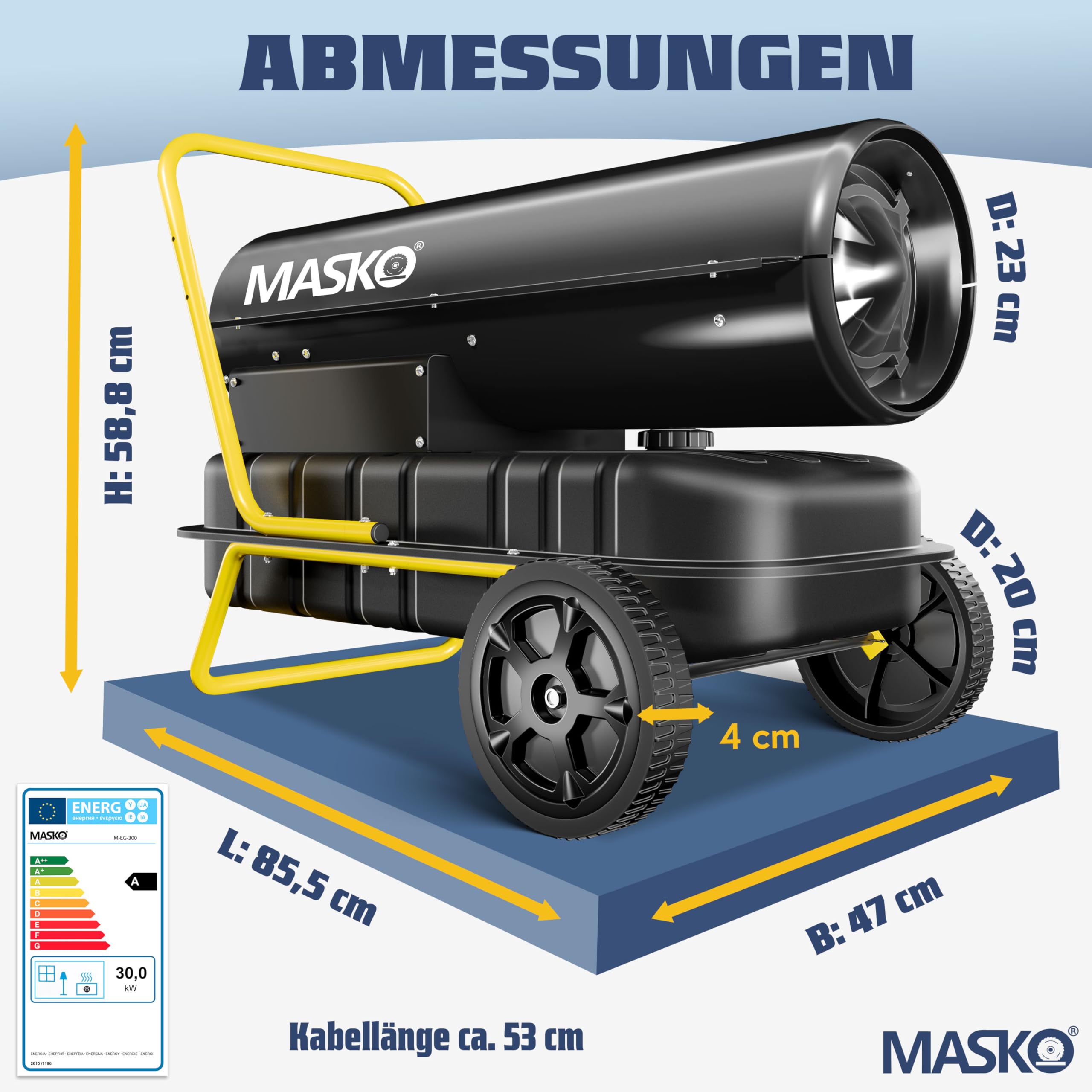 Masko® Cañón de calefacción 30 kW, secador de construcción, Calentador de Aire Caliente, Calentador de Ventilador, Tanque de 34 l con termostato, Calentador de Aceite, Amarillo/Negro
