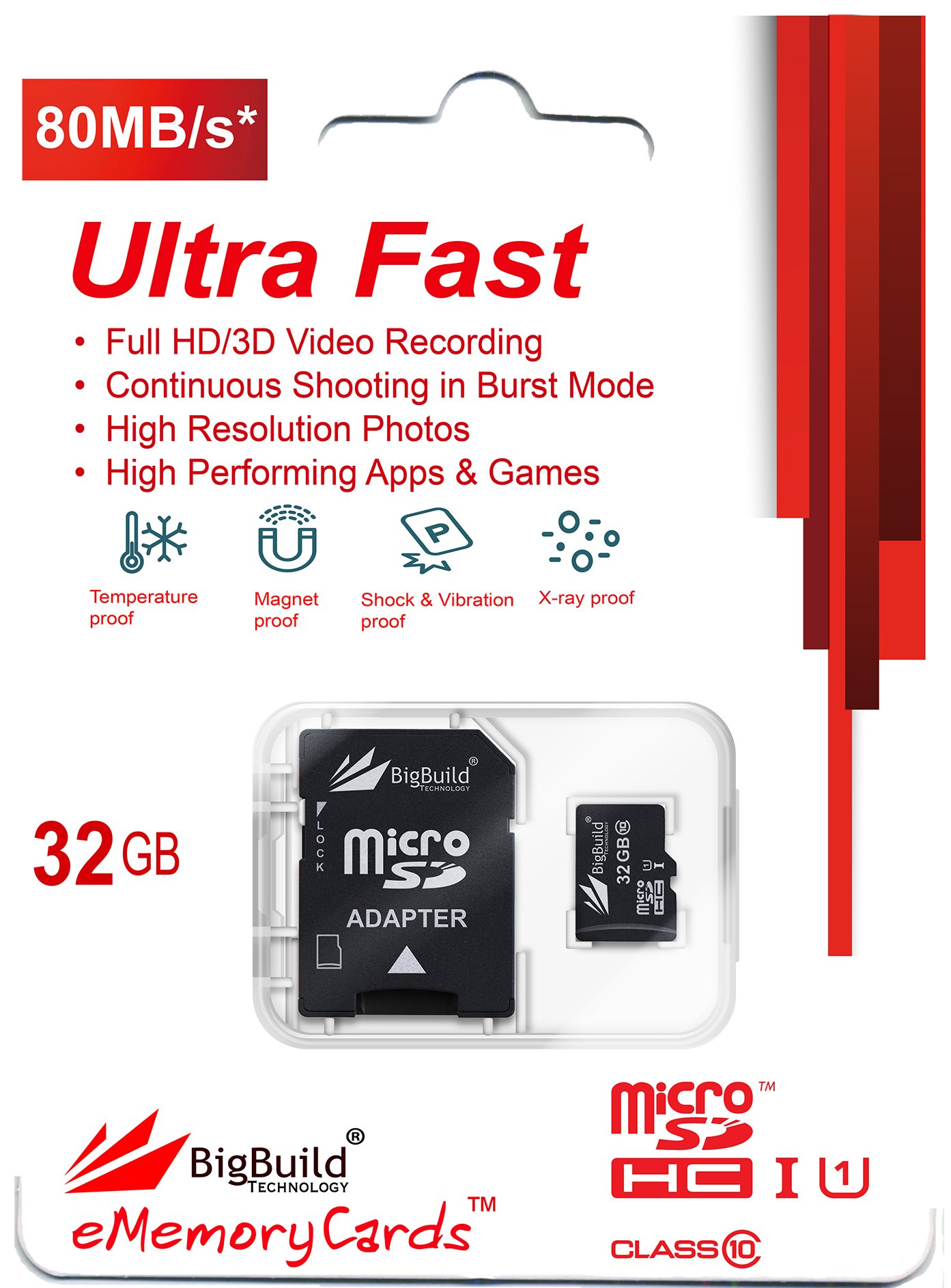 BigBuild Technology 32GB Ultra Fast 80MB/s MicroSD Memory Card for AEE S60 Plus MagiCam Action Camera, Full size SD Adapter included