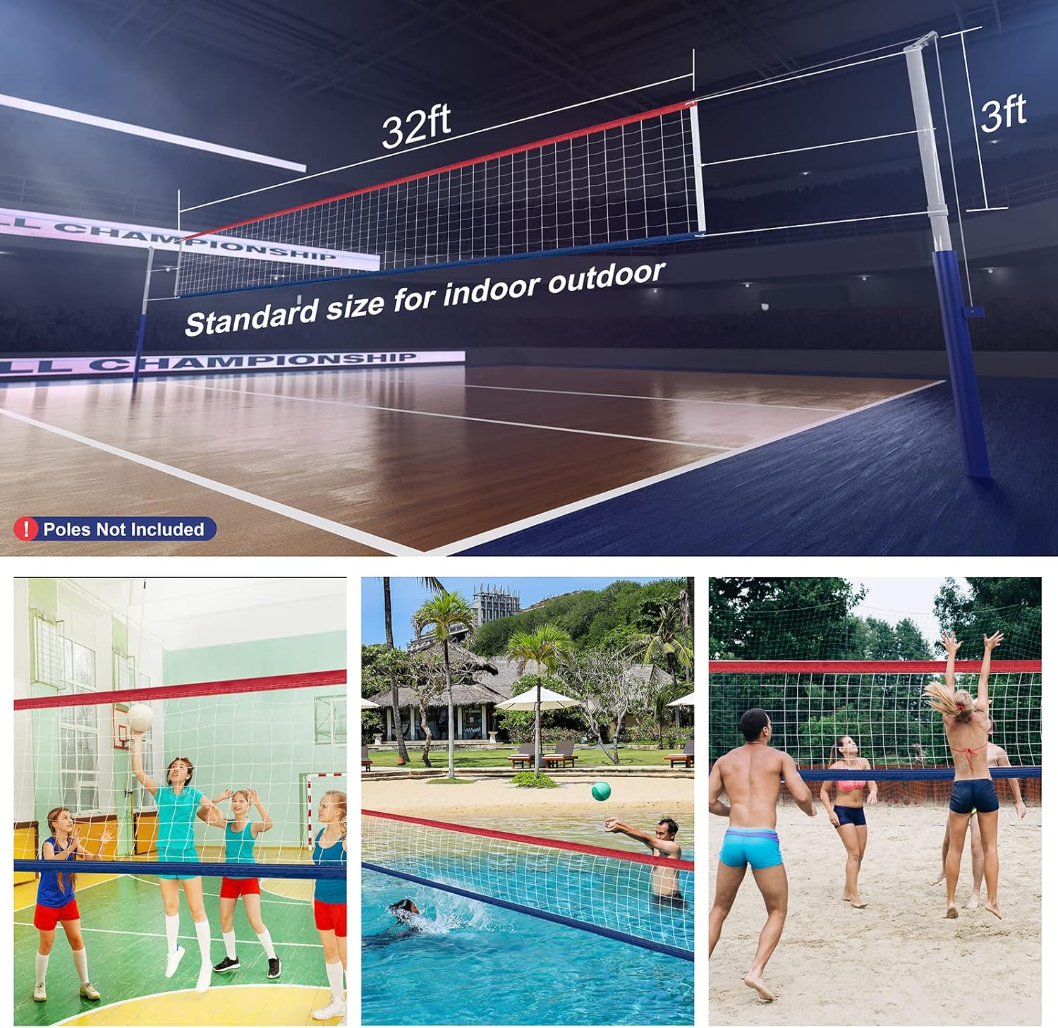 Upgraded Professional Volleyball Net Outdoor Heavy Duty – Weatherproof, Extended Stainless Steel Cable and Reinforced Full Borders, Ideal for Indoor & Outdoor Play, 32x3FT, Net Only