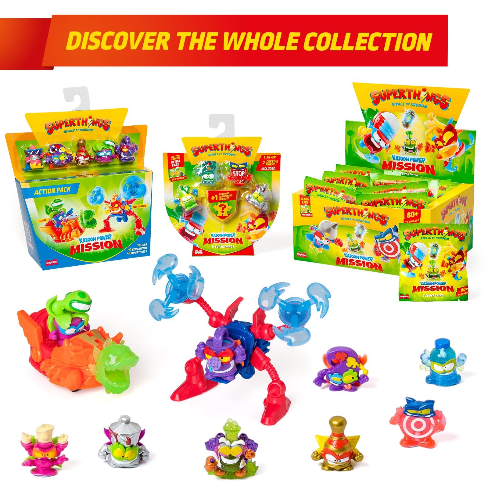 SUPERTHINGS KAZOOM Power Mission – Action Pack. Zestaw zawiera 5 figurek SuperThings (w tym 1 złoty SuperLider), 1 egzoszkielet, 1 slider – Zestaw 3 z 4