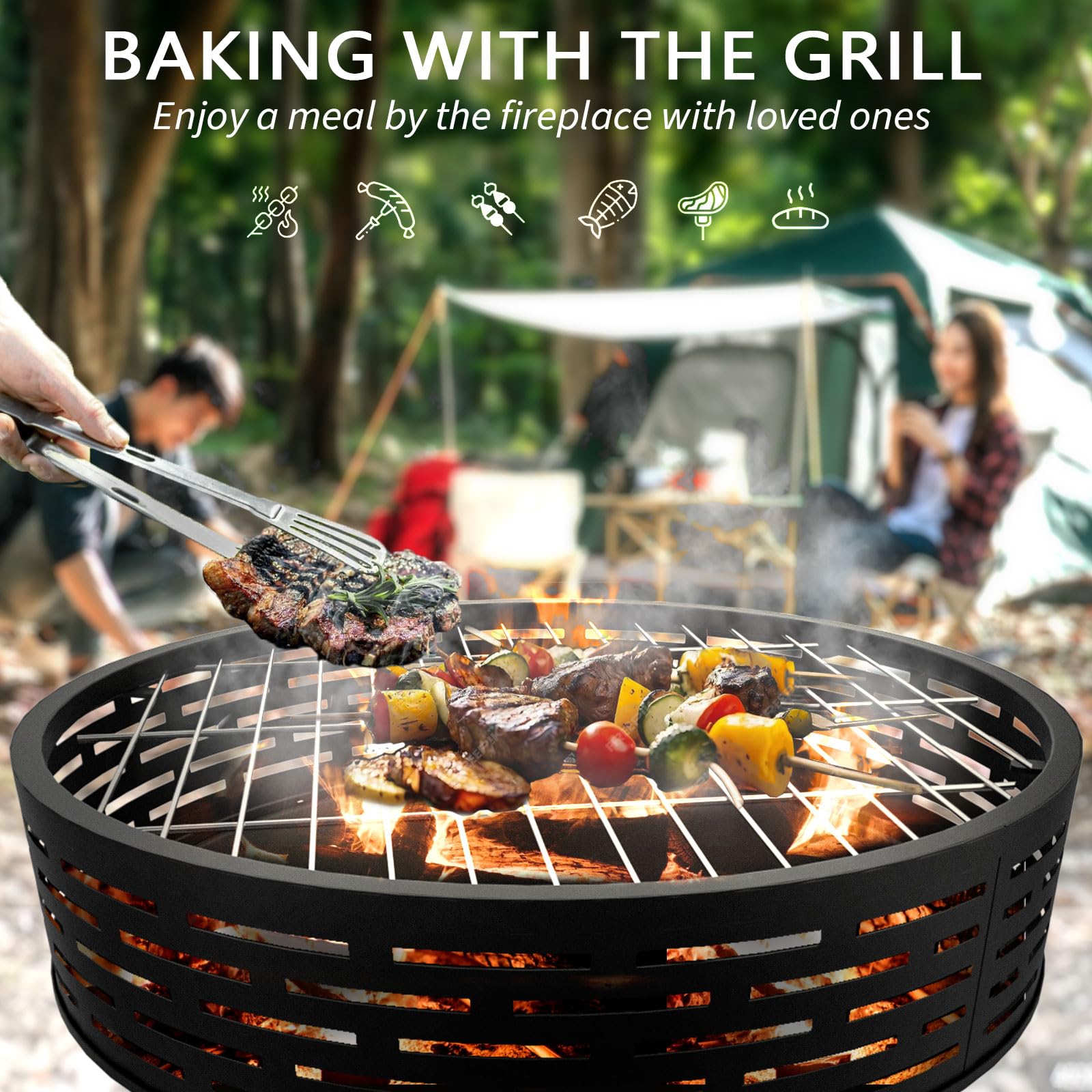 Braciere da 58,4 cm con griglia e coperchio, in ghisa resistente, braciere a legna per riunioni di falò, barbecue, tavolo, braciere per patio esterno, campeggio, cortile, picnic