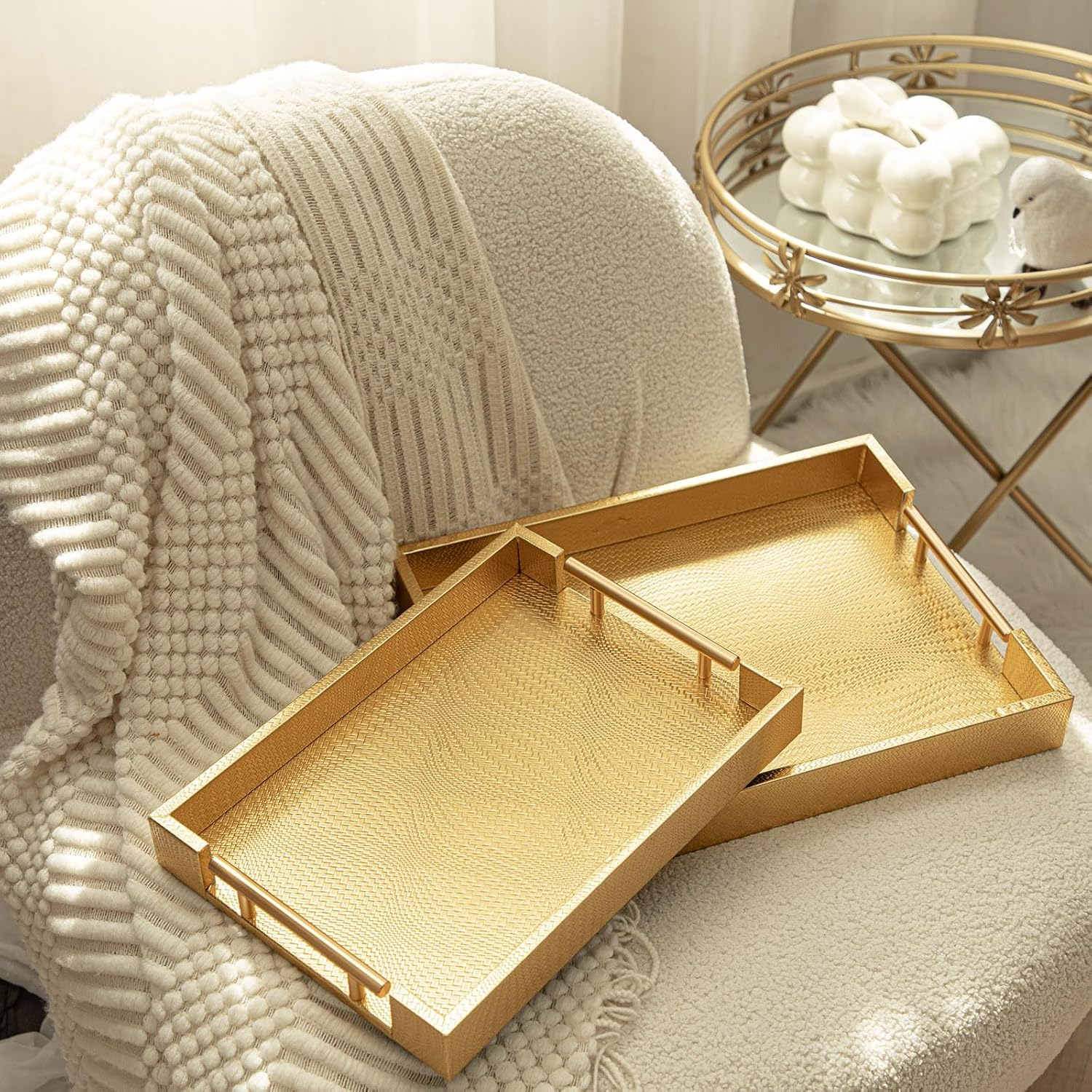 2 Piece Woven Leather Ottoman Tray with Gold Handles, Perfect Rectangular Serving Tray for Living Room, Coffee Table Home Decor Enthusiasts (Golden) - Image 8