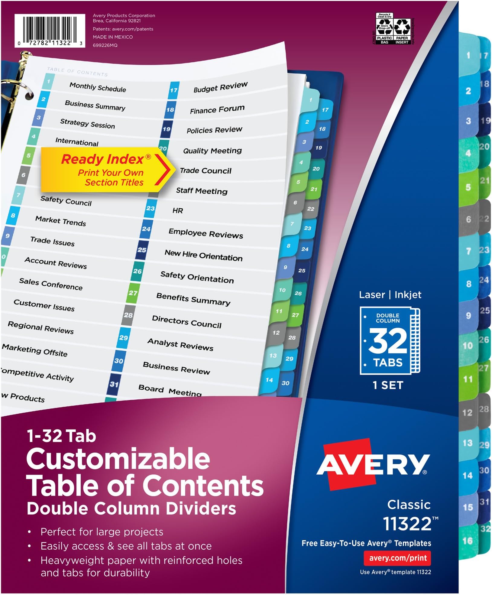Avery Double Column Dividers for 3 Ring Binders, 32 Tabs per Set, Customizable Table of Contents, Multicolor Tabs, Great for Organizing Reports, Projects, and More (11322)