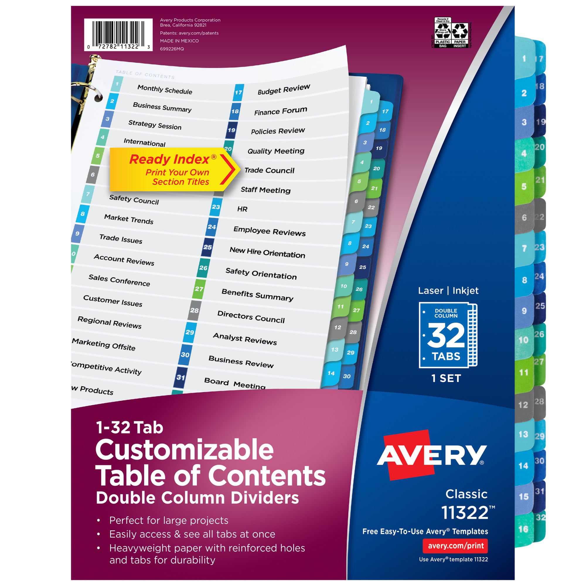 Avery Double Column Dividers for 3 Ring Binders, 32 Tabs per Set, Customizable Table of Contents, Multicolor Tabs, Great for Organizing Reports,