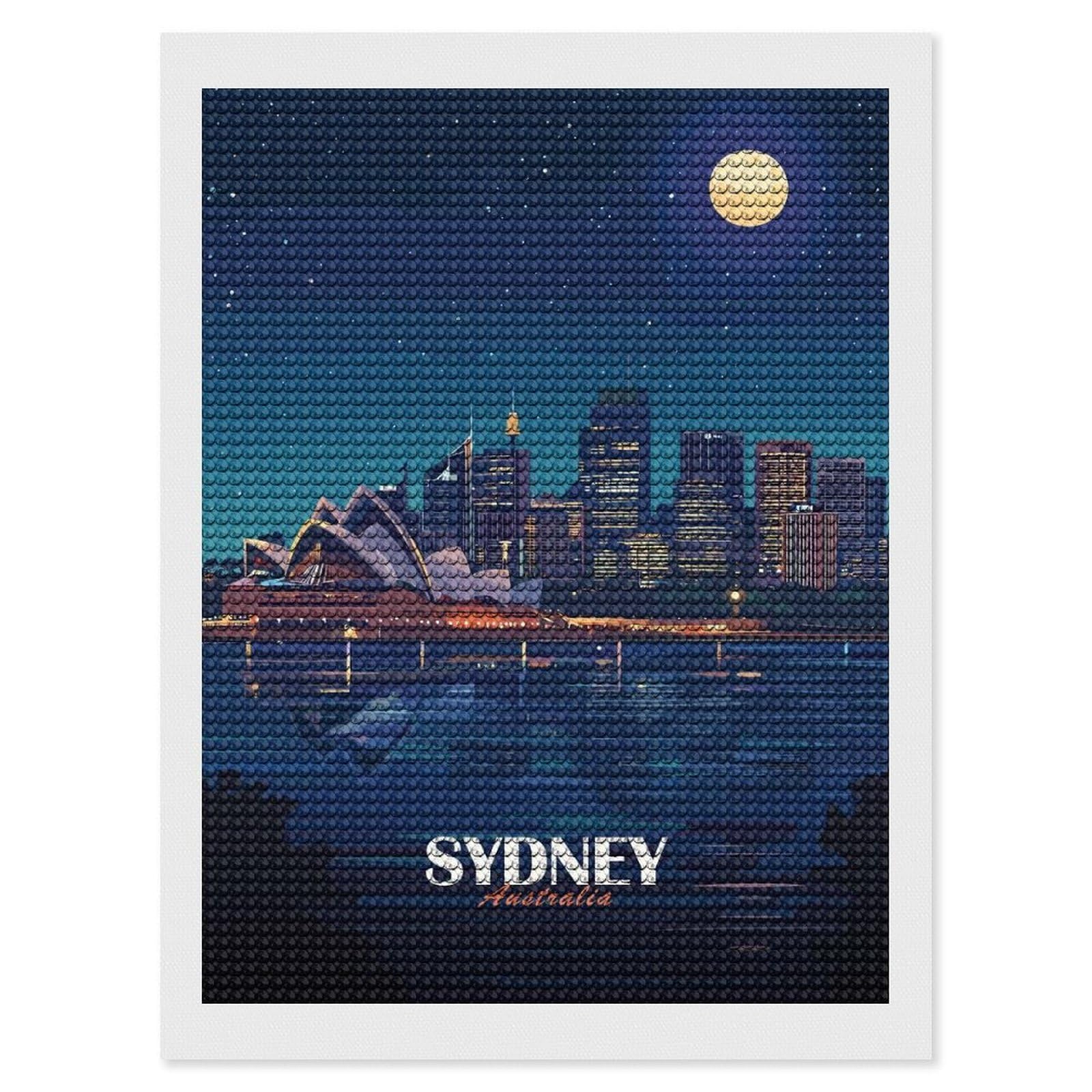Junmoney Sydney Australia Night Skyline Illustration Diamond Painting Set 12"x16", Neat Printed Canvas, with Tool Kit, Bedroom Decor, Gift Idea, Complete Accessories