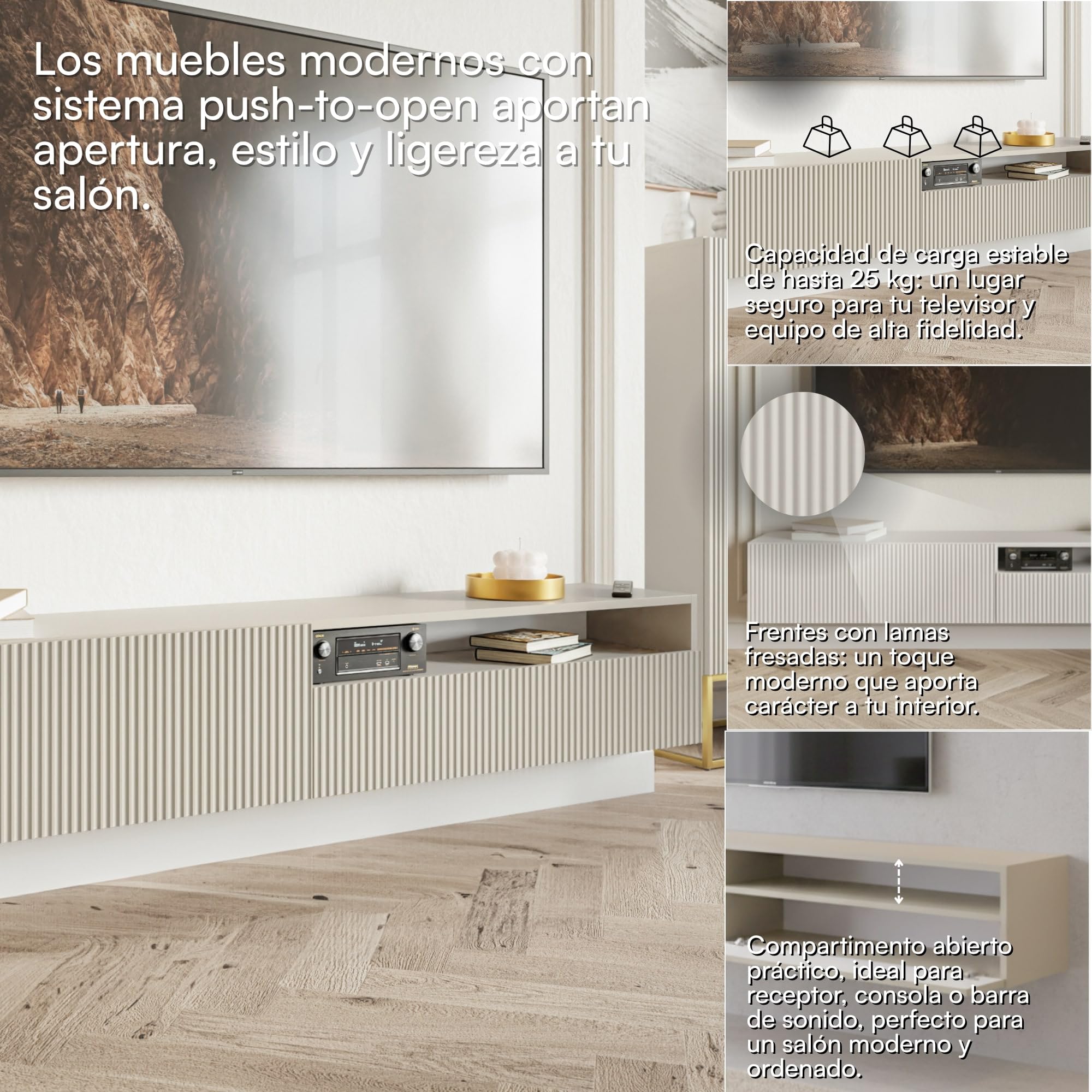 Selsey Mueble De TV Mesa De TV 175 cm Suspendido con Compartimento Abierto Fachada Fresada Gris Beige Veldio