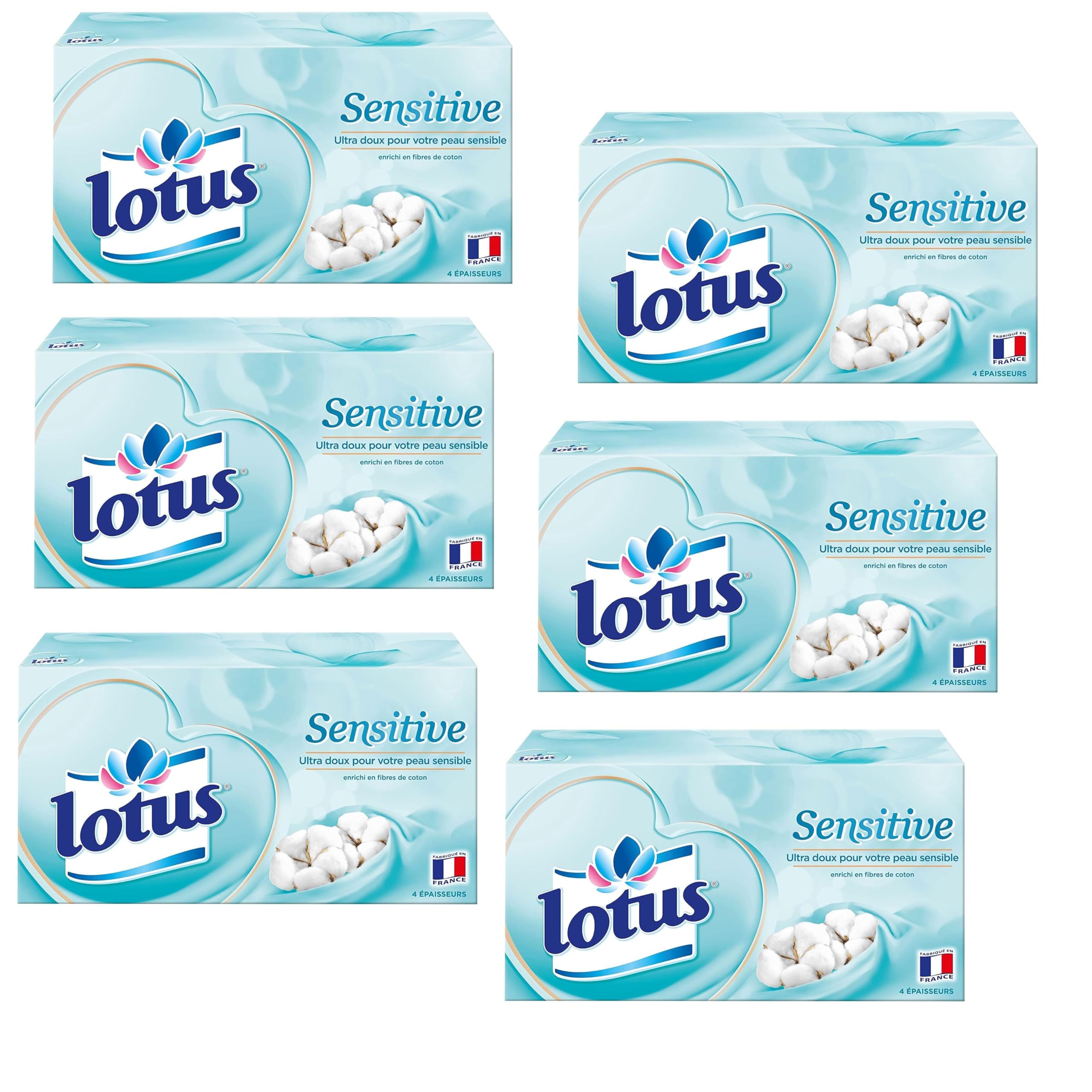 Lotus Sensitive – 480 Mouchoirs 4 épaisseurs pour un confort absolu – Blancs, doux et résistants – Fabriqués en France – Lot de 6 boîtes de 80