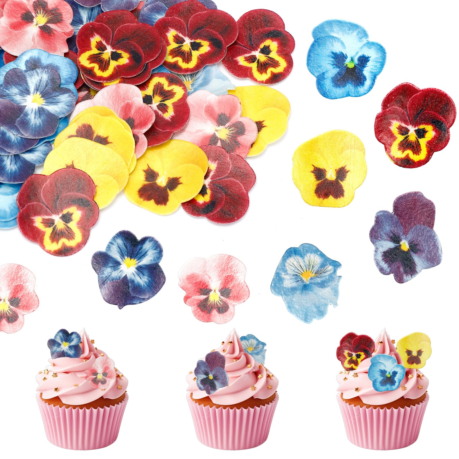 60 PCS Edible Flowers Cupcake Toppers, Edible Spring Bridal Engagement Pansies Cake Decorations, Wafer Paper Flowers Cupcake Picks for Baby Shower