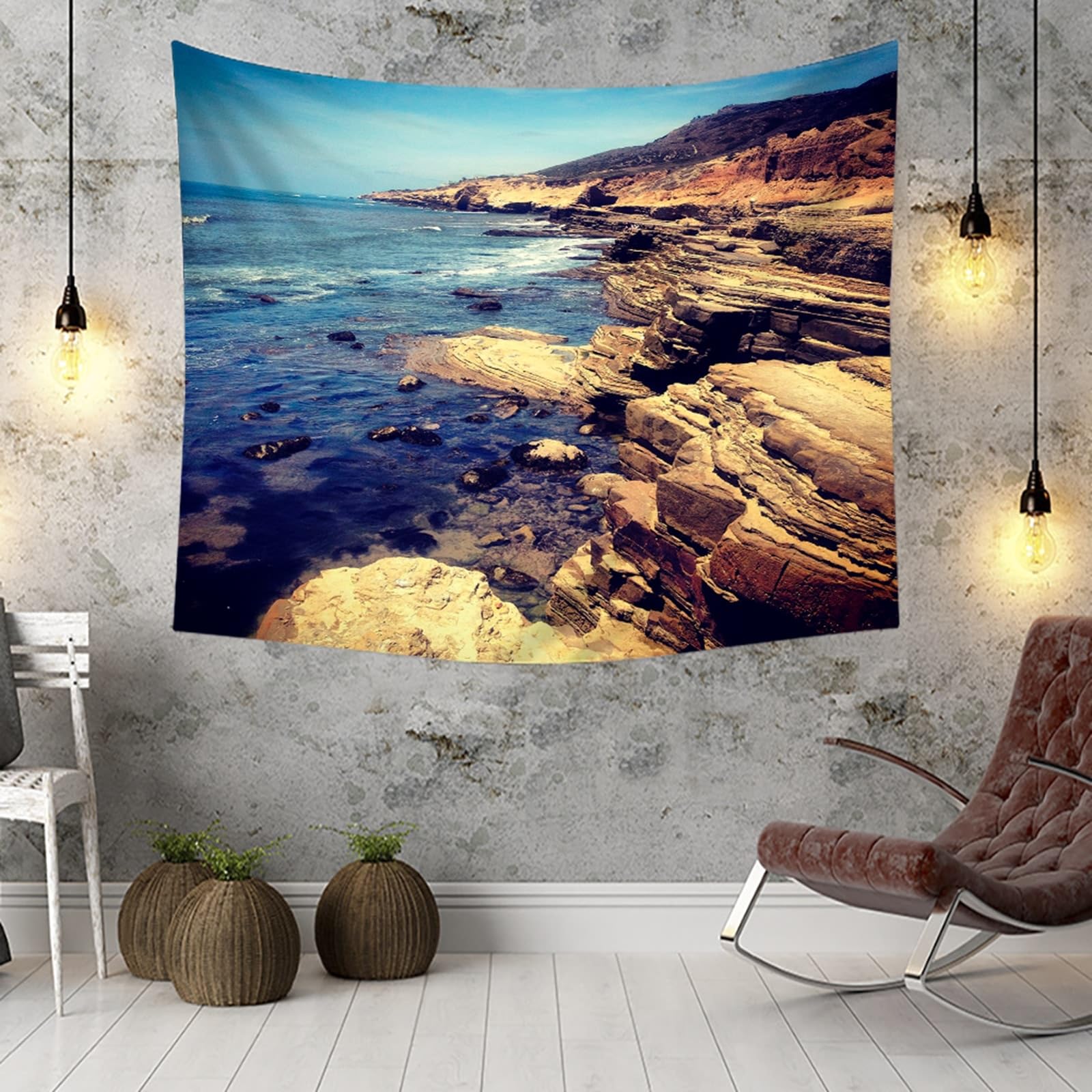 Epinki Wandtuch 240x220cm, Landschaft Natur Wandteppich Meer Riff Landschaft Wandteppiche Polyester Heimdekorationen für Schlafzimmer Wohnzimmer Kinderzimmer, Blau Braun