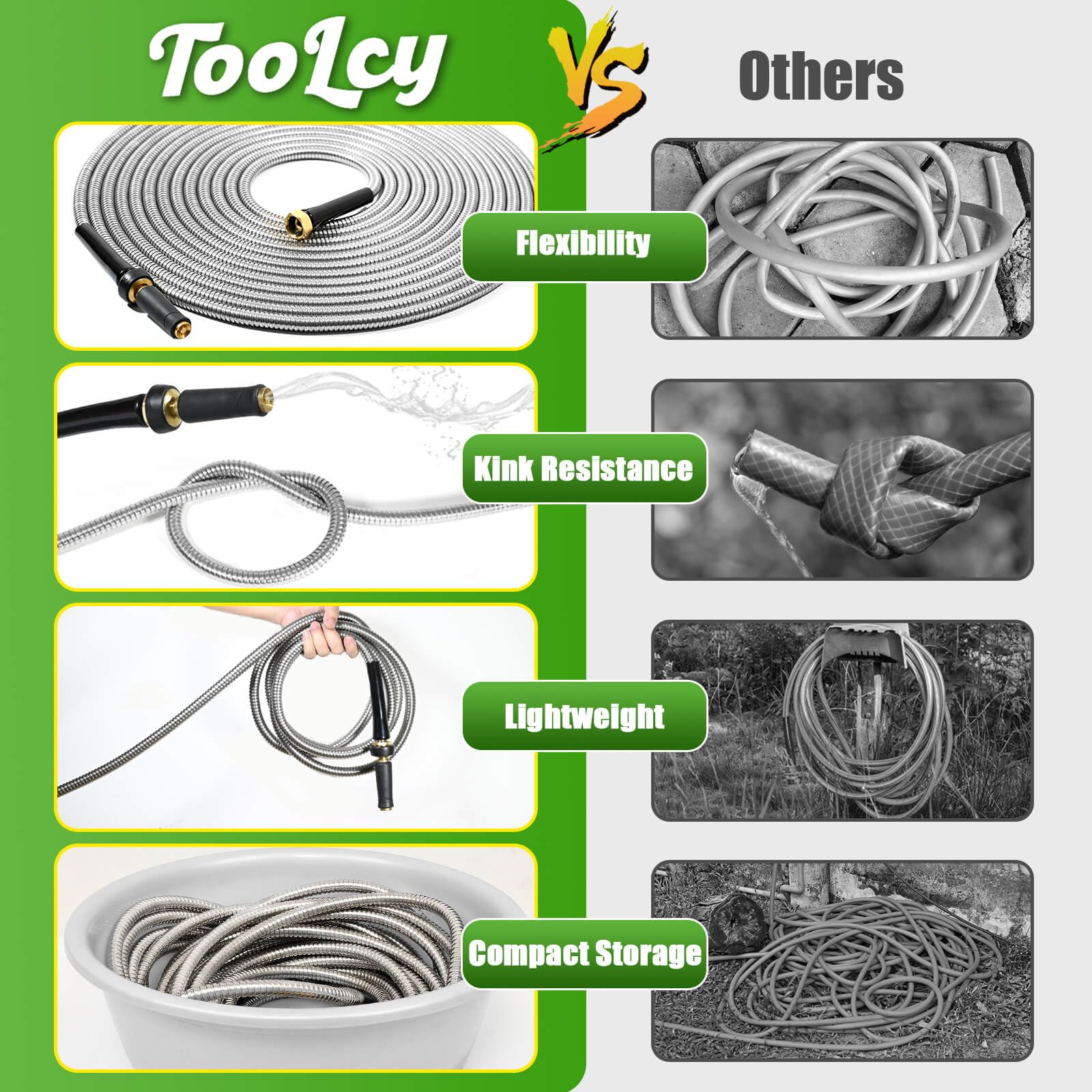 TOOLCY Manguera de jardín de metal de 75 pies, manguera de agua de acero inoxidable 304 con boquilla de latón, súper flexible, sin torceduras, resistente, ligera, duradera para jardín, patio,