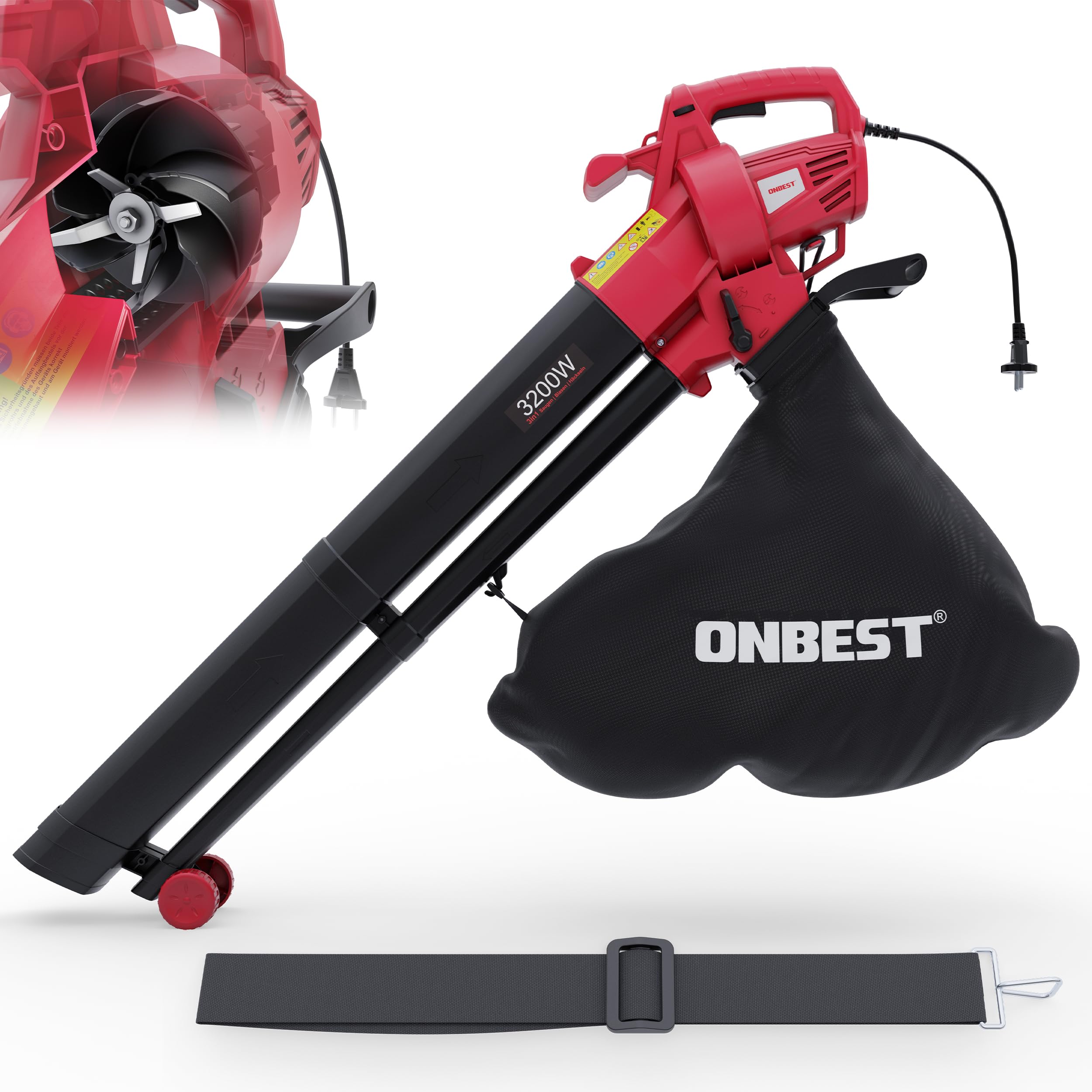 ONBEST 3 in 1 Elektro Laubbläser – Gebläse, Sauger & Häcksler – 3200 Watt Elektro Motor – elektrischer Laubsauger mit Metall Häckselrad – inkl. Tragegurt – Laubgebläse, Laubsauger Elektro für Laub